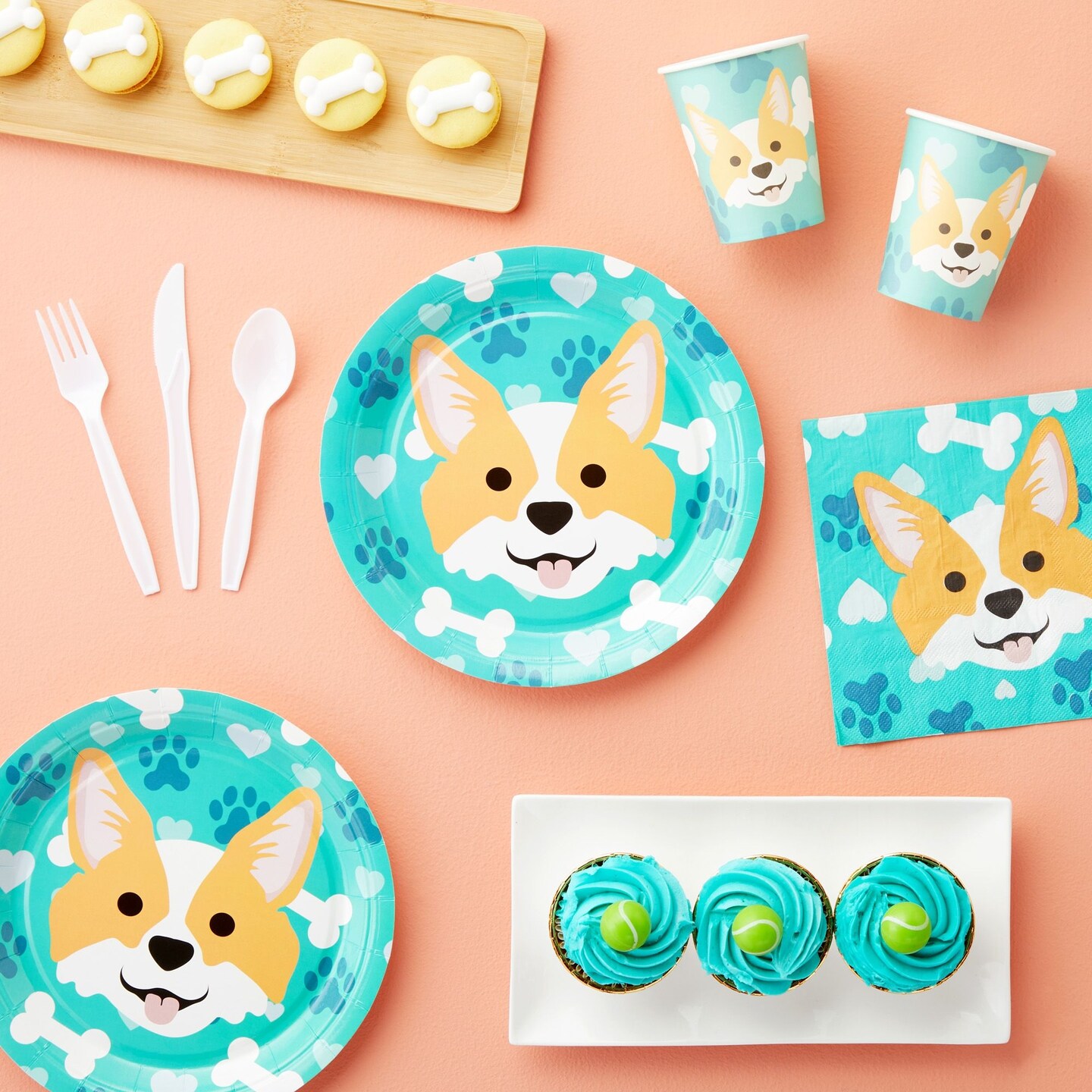144 Piece Corgi Party Supplies, Dog Birthday Decorations with Paper Plates, Napkins, Cups, and Cutlery (Serves 24)