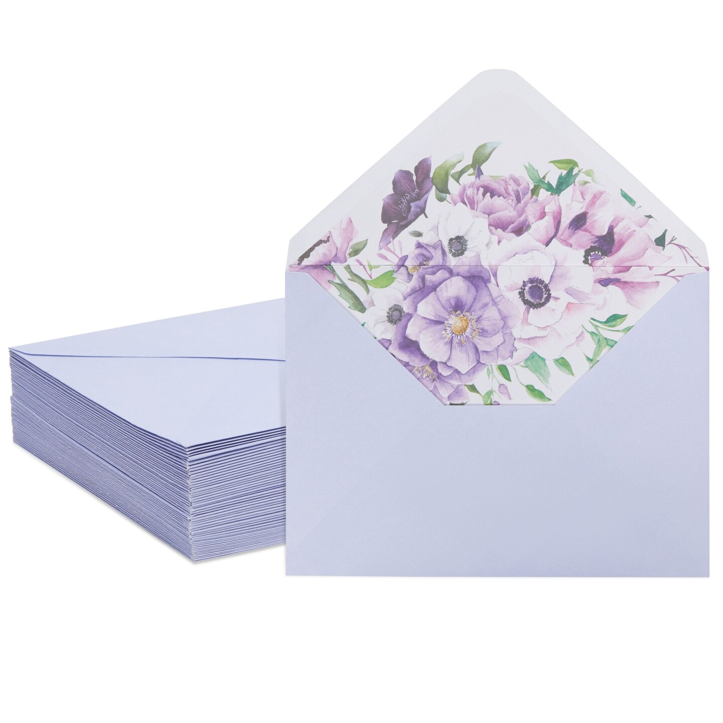 50 Pack A7 Envelopes with Floral Liner for 5x7 Invitations, Greeting Cards, Weddings (7.25 x 5.25 In) - Lavender Purple