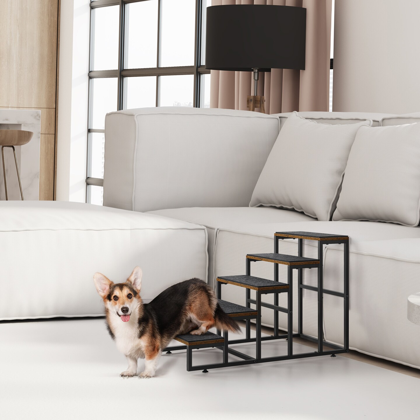 4-Step Dog &#x26; Cat Stairs with Non-Slip Base &#x2013; Sturdy Wood/Metal Pet Ladder for Sofa, Bed &#x26; Balcony, Joint-Friendly Design (Brown)