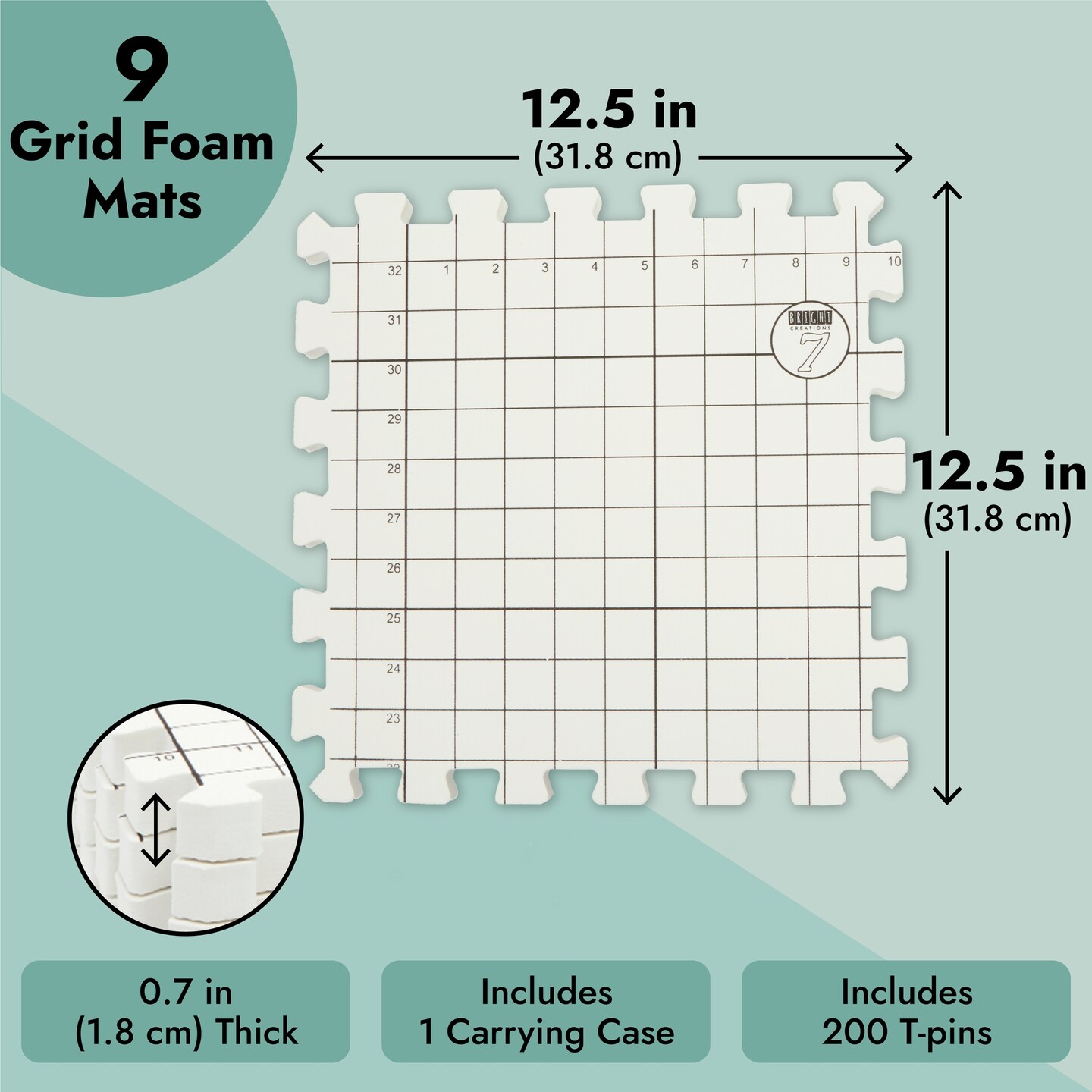Bright Creations 9 Extra Thick Blocking Board Mats for Knitting w/Grids, 200 T-Pins, 1 Storage Bag (210 Pieces)