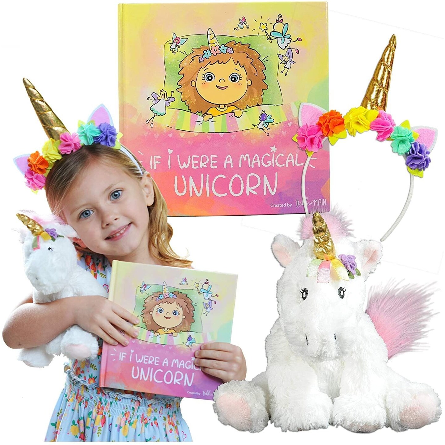 Tickle &#x26; Main 3 Pieces Unicorn Gift Sets for Girls Age 3 or Up, with Rainbow Horn Headband, Animal Plushie Toy and Storybook Set