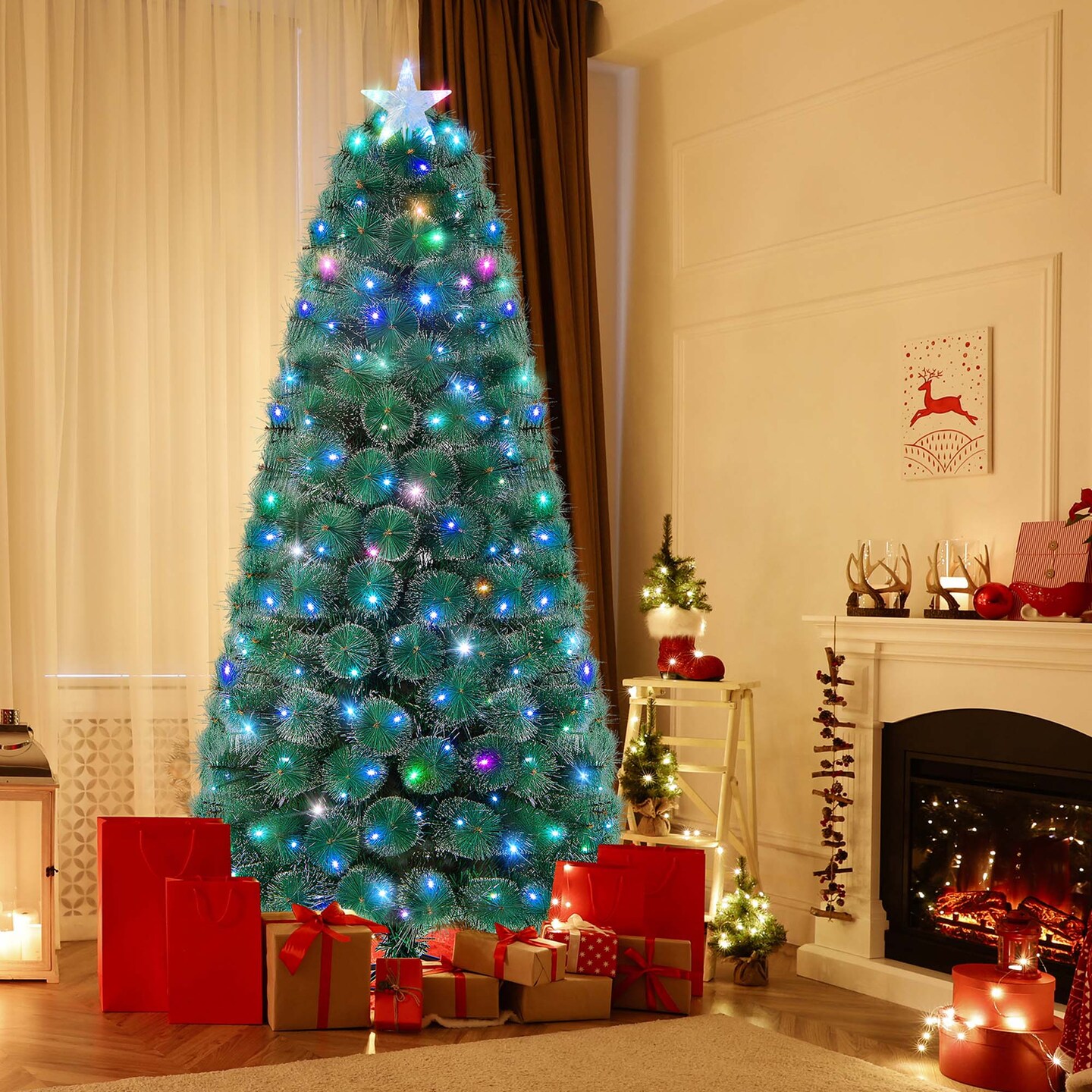 Costway 5FT/6FT/7FT Pre-Lit Fiber Optic Christmas Tree Xmas Decor with 148/185/226 Multi-Color LED Lights