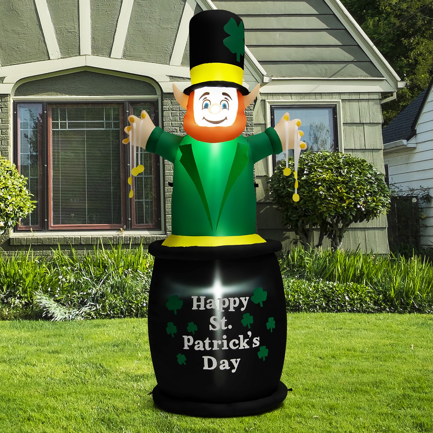 Costway 6 Ft St Patrick&#x27;s Day Inflatables Leprechaun w/ Gold Pot, Shamrock, LED Lights