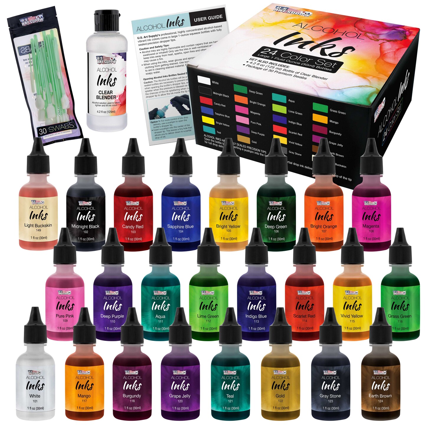 24 Color Alcohol Ink Set - Huge 30ml Triple Sized 1-oz Bottles - Includes 4-oz Blender &#x26; 30 Swabs - Vibrant Highly Concentrated Pigment Dye Paint