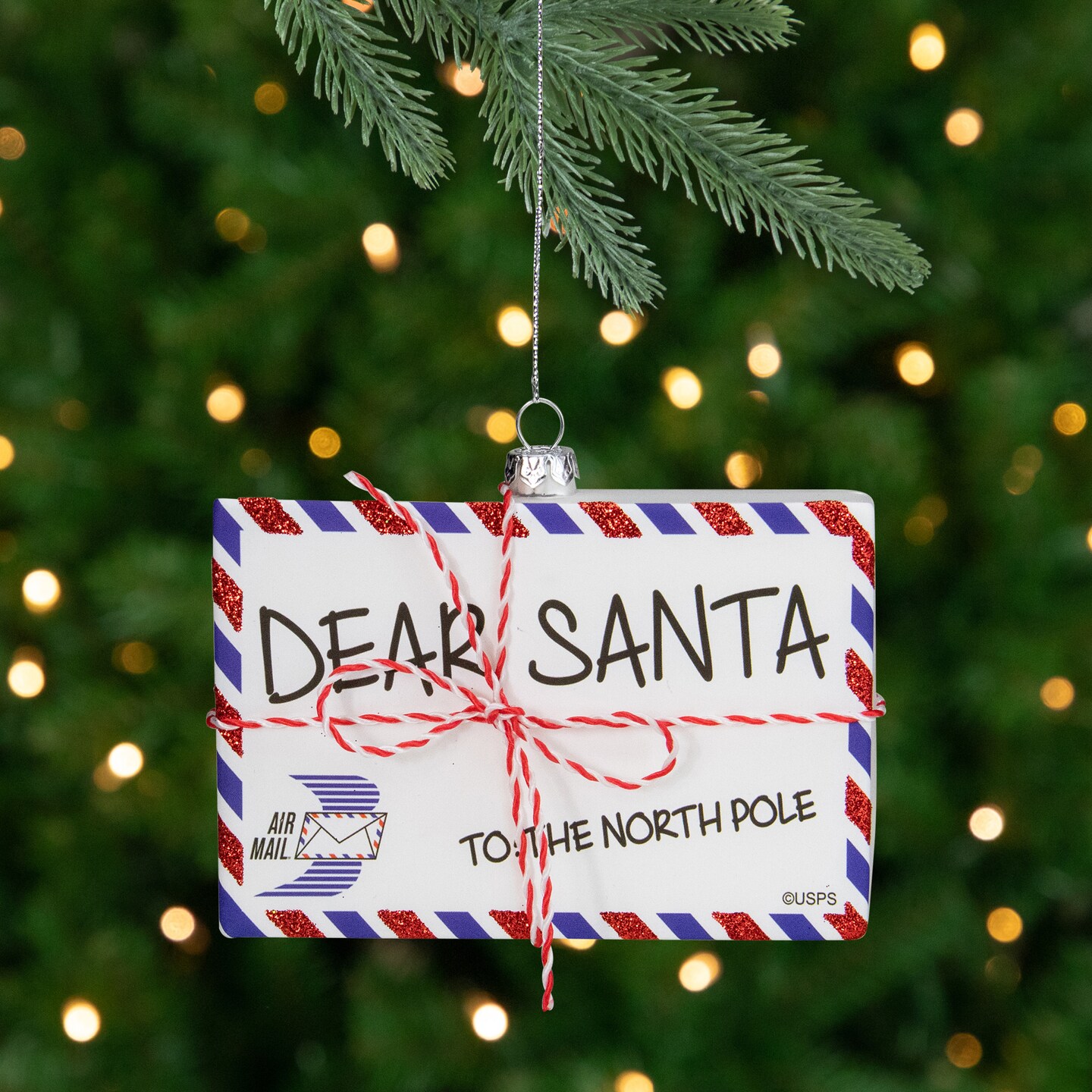 Northlight Envelope USPS &#x22;Dear Santa&#x22; with Stripes Glass Christmas Ornament - 3.5&#x22; - Red