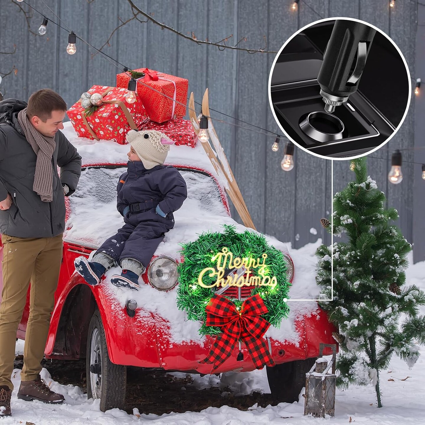 11.8" Christmas Car Wreath,Lighted Xmas Decoration for Car Front Grill,12V Plug-in Christmas Lighting Wreath with Bow for Trucks SUVs RVs