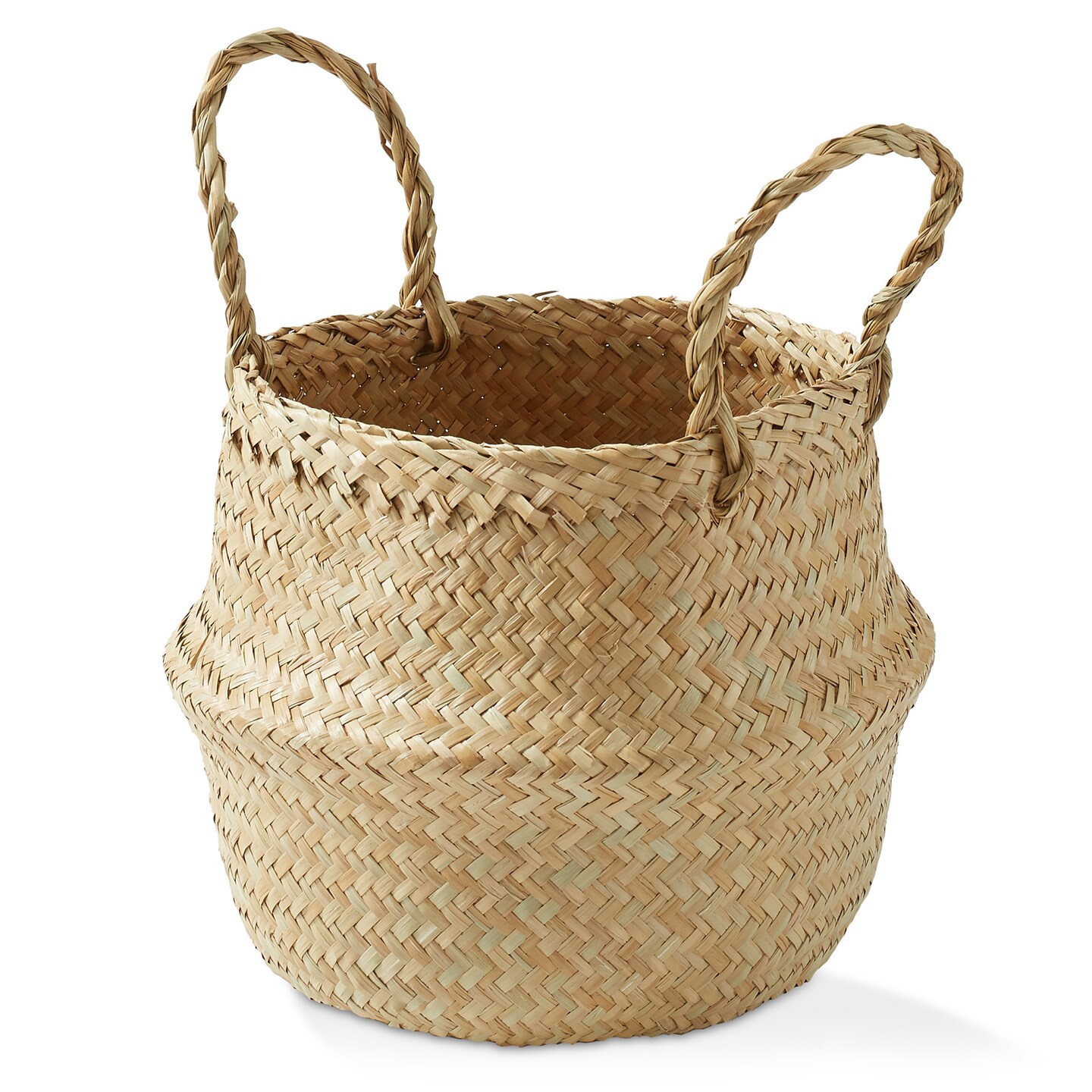 Casafield Seagrass Belly Baskets with Handles, Natural Woven Storage Basket Planters, Round Folding Bins for Home Decor, Indoor Plant Pot Covers