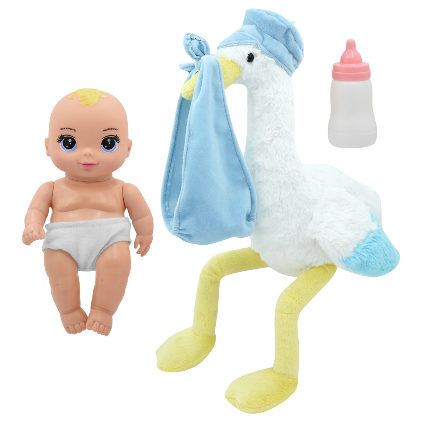 Magic Nursery: 8&#x22; Special Delivery Set - Blue - Posable Newborn Baby Doll, Large Plush Stork, Bottle, Hard Body, New Adventures, Toddler &#x26; Kids Age 2+