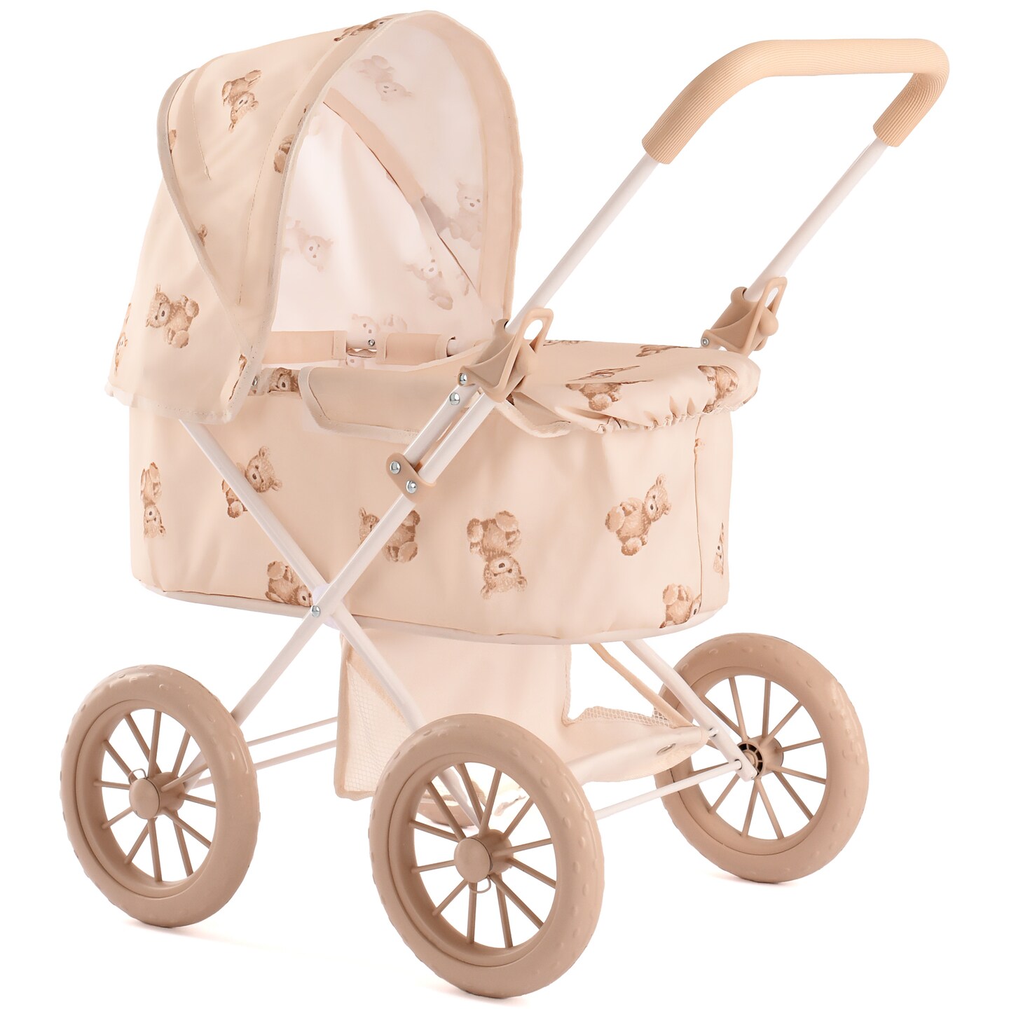 Roma Prams: Teddy My First Doll Pram - Beige & Bear, Convertible 2-In-1: Carry Cot & Seat, Push Stroller, Accessory, Dolls Up to 16.5", Kid-Toddler 2+