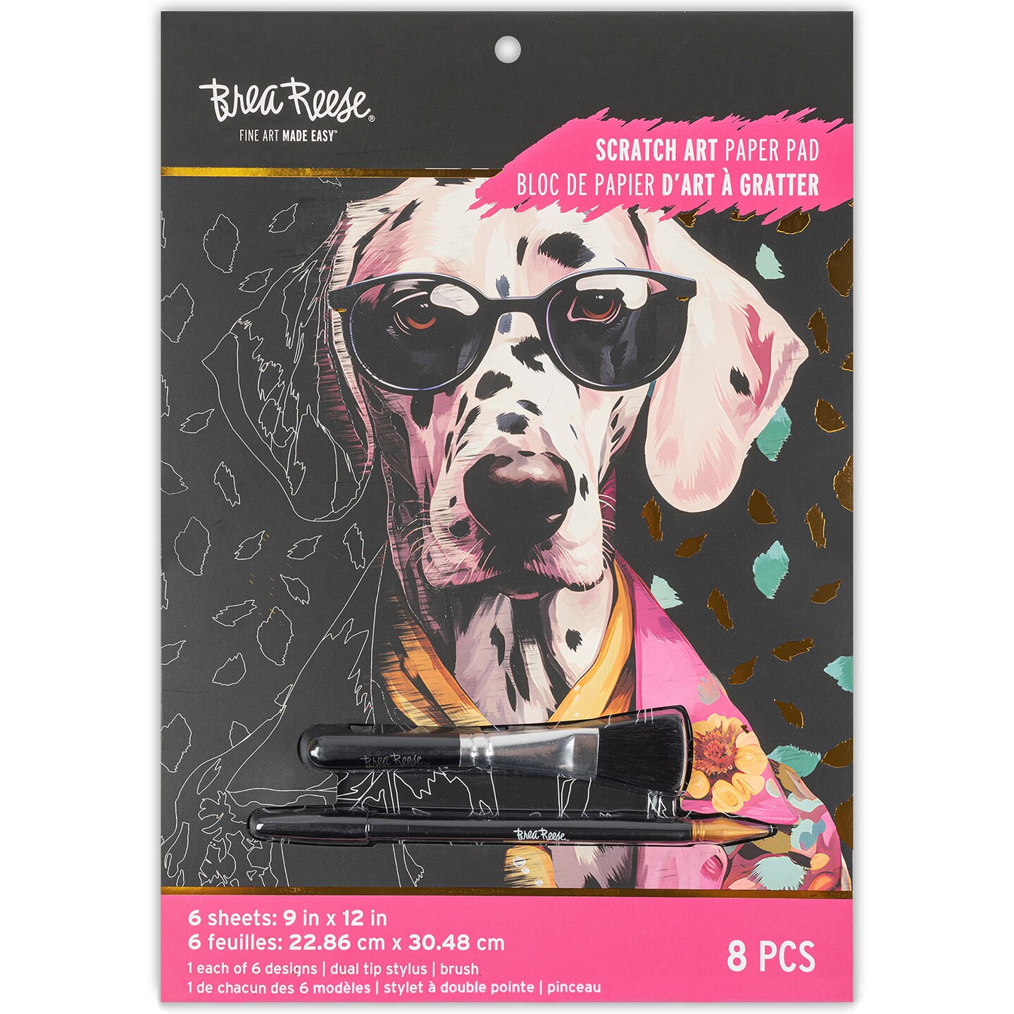 Brea Reese: Scratch Art Paper Pad - Pet Fashion - 12 Sheets, 6 Guided Designs, Metallic Accents, Dual-Tip Stylus & Brush, 8x8" Pages, Adult Craft