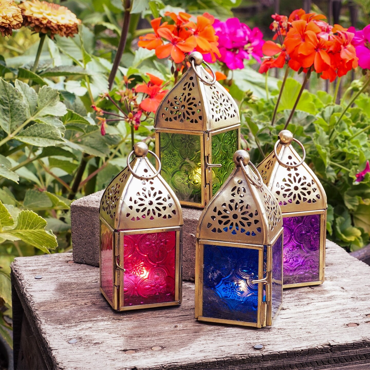 In the Breeze 9200 — Pink Mini Square Tealight Lantern — Moroccan-Style Boho Chic Tealight Glass and Metal Tabletop Lantern