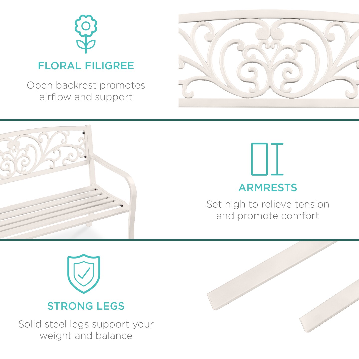 Best Choice Products Outdoor Steel Bench Garden Patio Porch Furniture w/ Floral Design Backrest