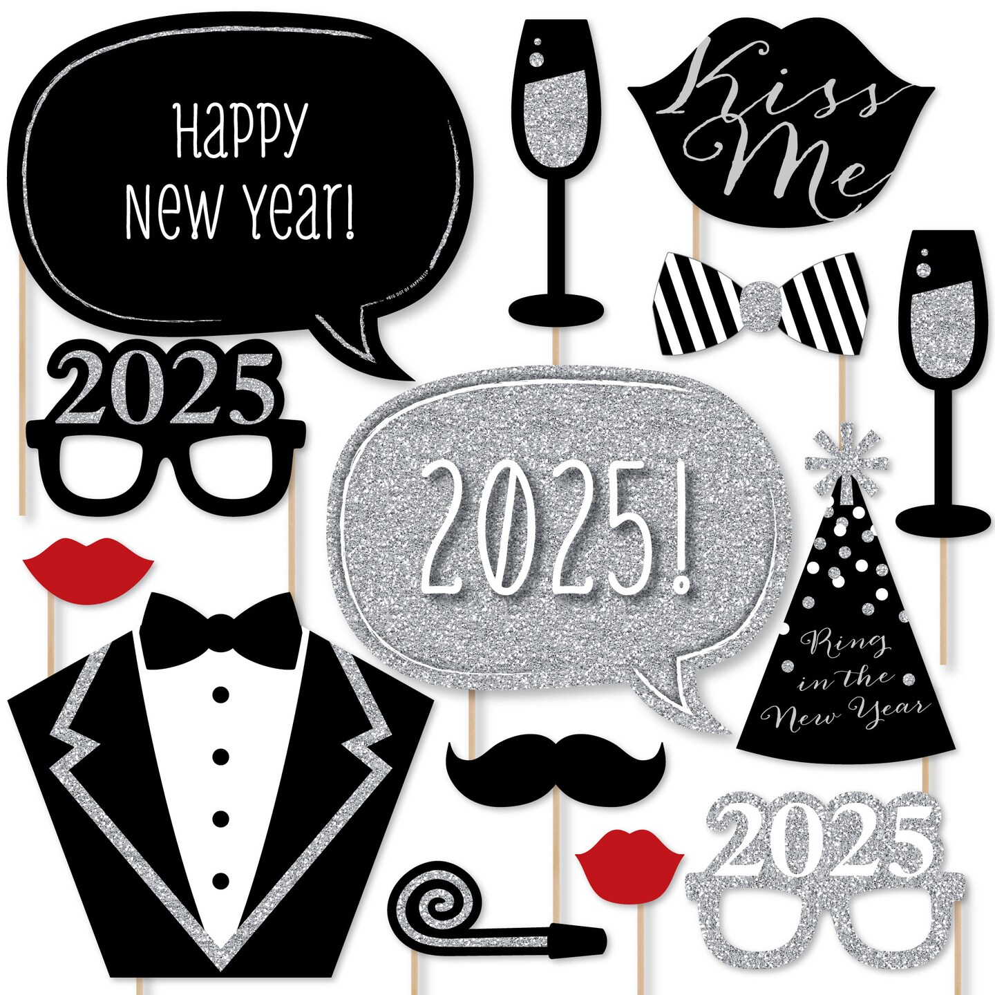 Big Dot of Happiness New Years Eve Party - Silver - 2025 New Year Party Photo Booth Props Kit - Party Decorations - 20 Count