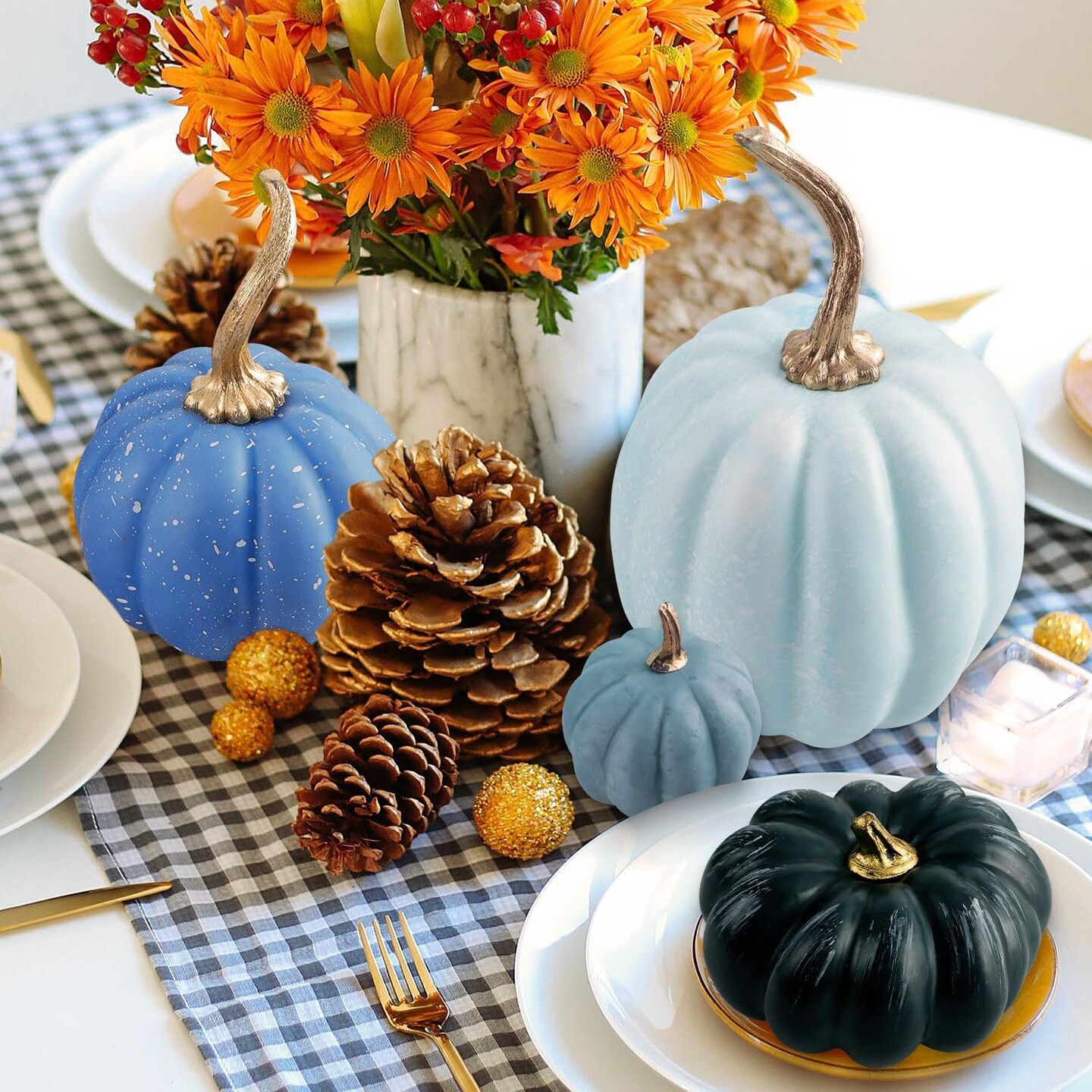 Decorative Large Small Outdoor Blue Green Pink Teal Foam Plastic Fake Faux Artificial Pumpkins for Halloween Autumn Harvest Festival Home Table Decor