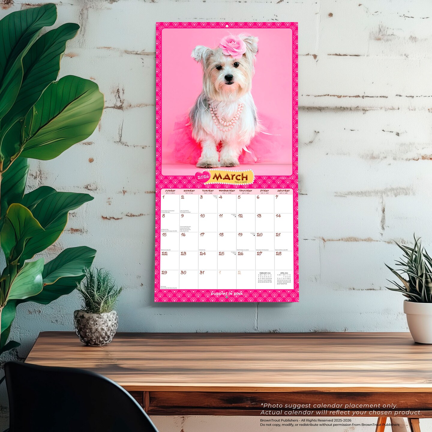 Puppies in Pink | 2026 12 x 24 Inch (Hanging) Monthly Square Wall Calendar | Plastic-Free | BrownTrout | Animals Fun Humor Pets