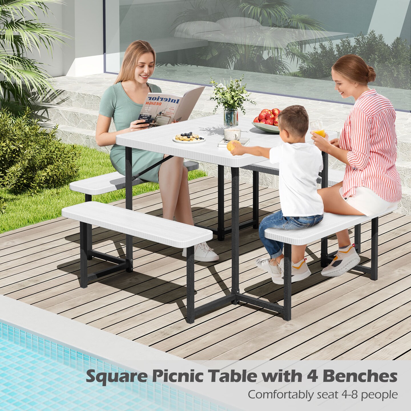 Outdoor Picnic Table Set for 4-8 with Umbrella Hole and Weatherproof Benches