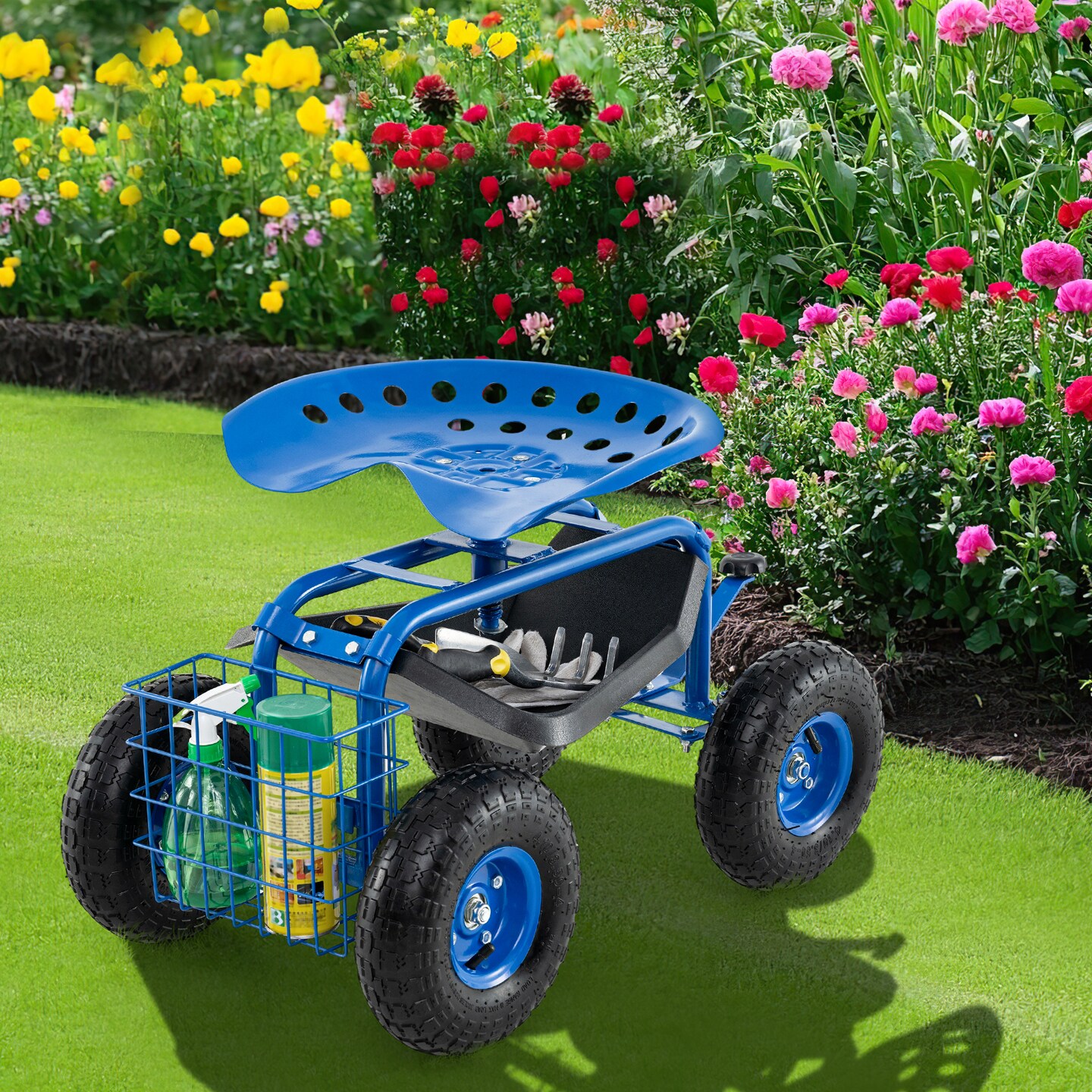 4-Wheel Outdoor Work Cart with Swivel Seat Steel Frame Tool Tray and Large Wheels for Gardening