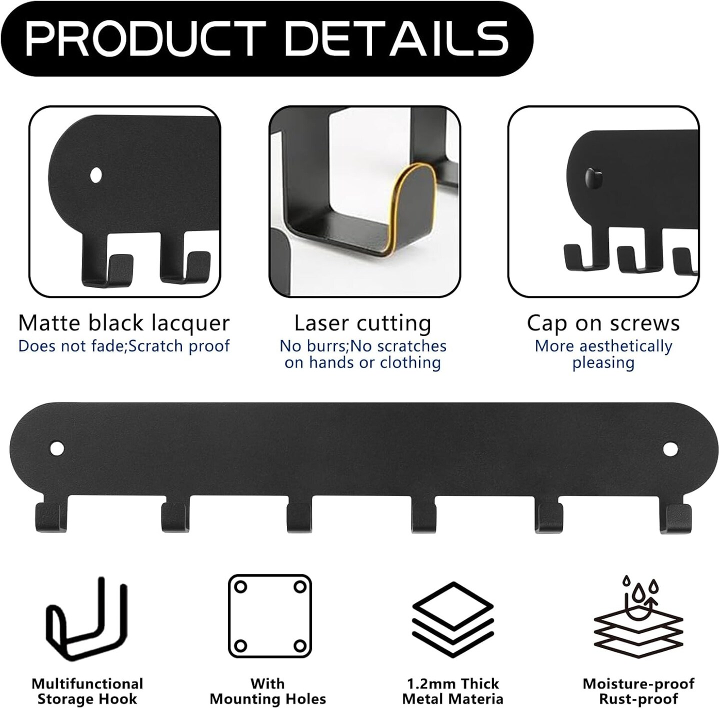 2 Pack Key Holder for Wall,Key Hooks with 6 Hooks,Key Rack Self Adhesive, Key Rack Wall Mount for Wall No Drill for Living Room, Kitchen, Bathroom, Garage (Black)