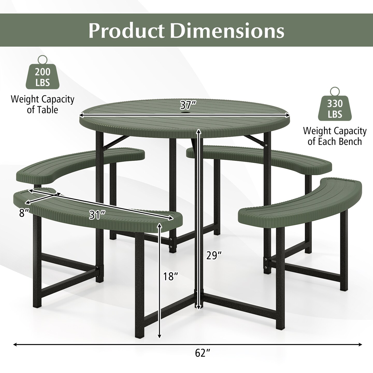 Patio Picnic Table Bench Set with 4 Seats and Umbrella Hole for Outdoor Dining