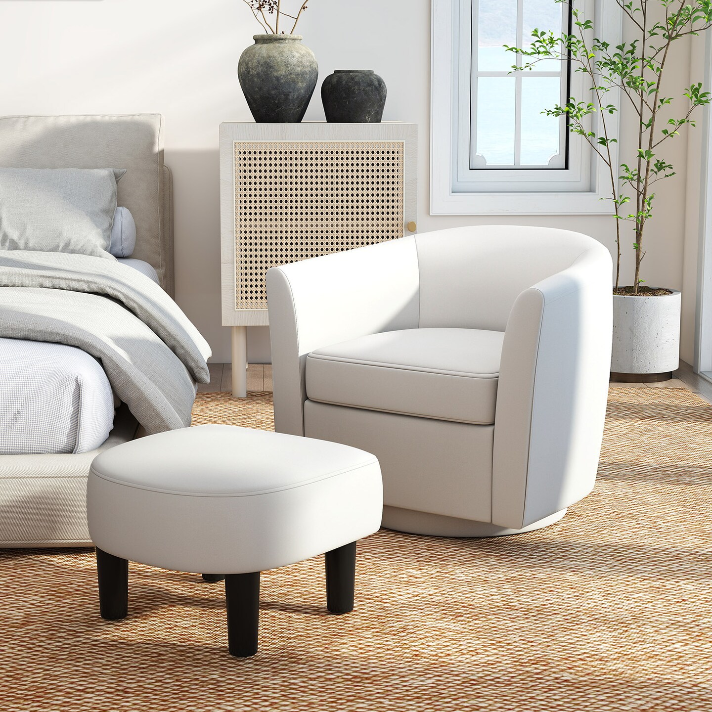 Modern Swivel Chair with Curved Backrest Ottoman and Removable Machine-Washable Cushion