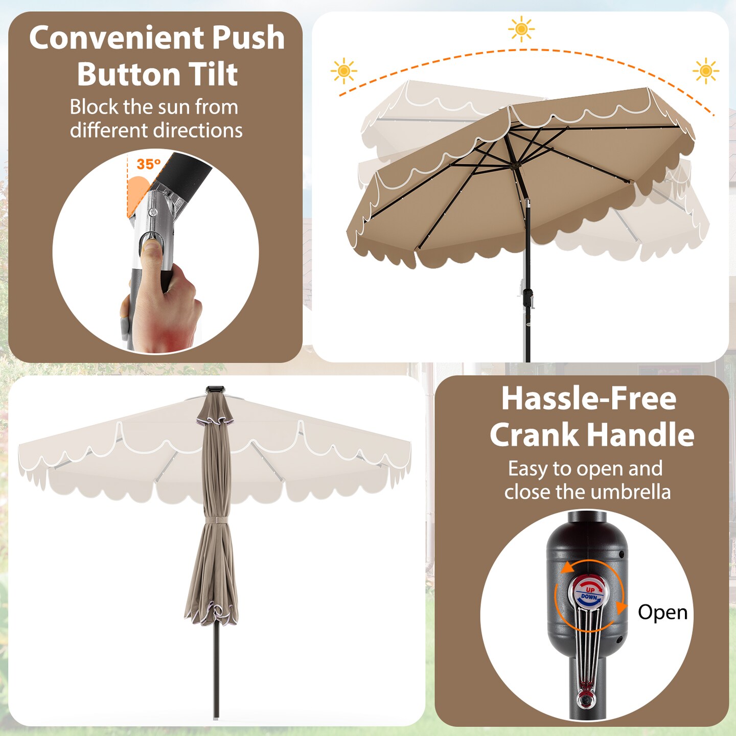 Polyester Auto-Tilt Solar Patio Umbrella with LED Lights and 10x8.3 ft Shade