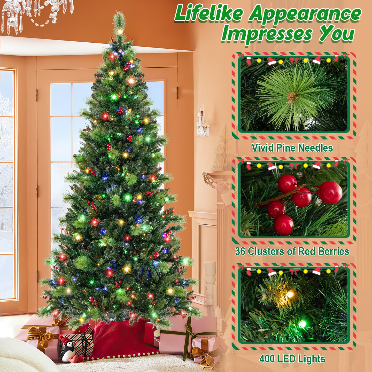 Green Pre-Lit Artificial Christmas Tree with LED Lights, Red Berries and Hinged Branches