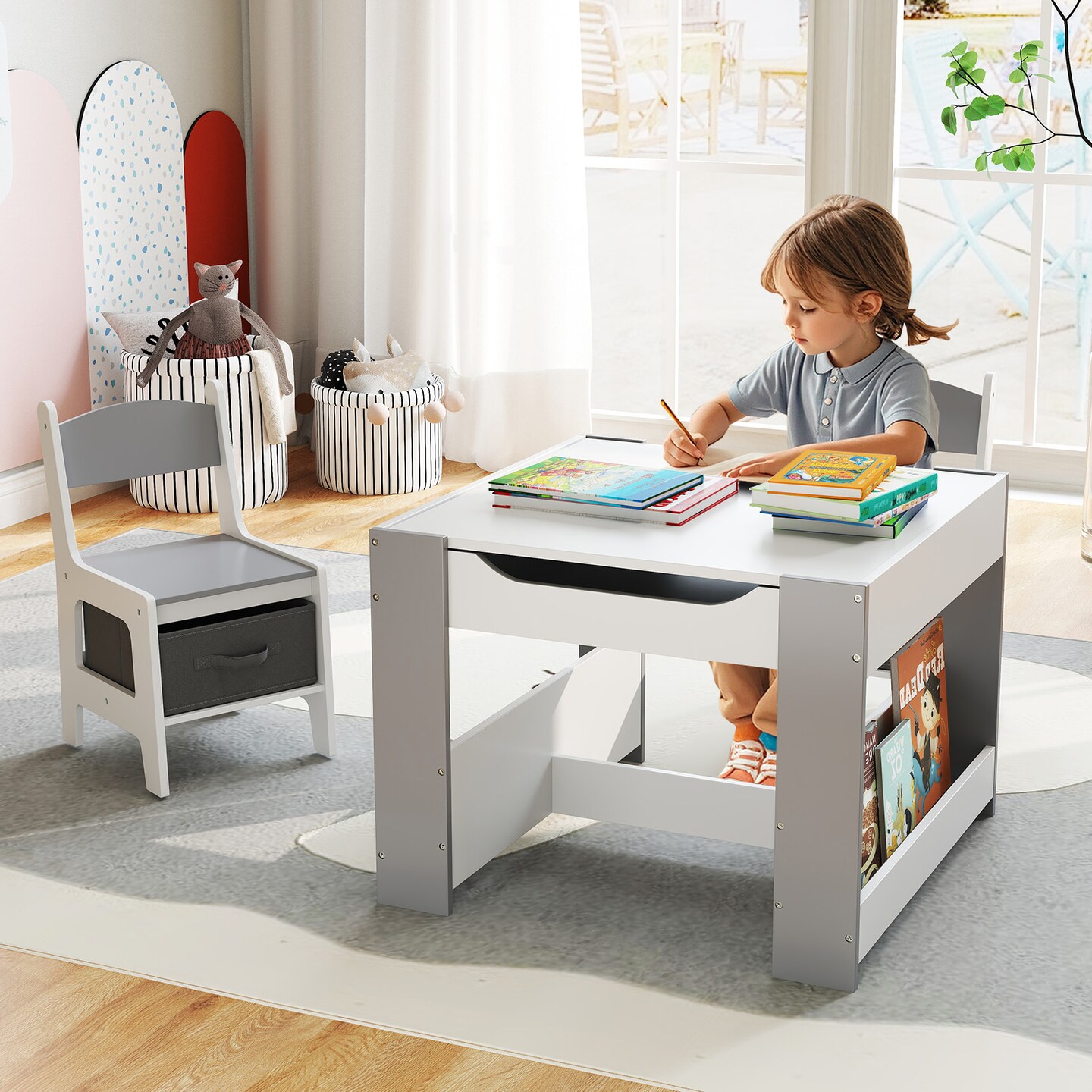 Multifunctional Kids Art and Study Table Set with Chalkboard Top and 2 Ergonomic Chairs and Toy Storage