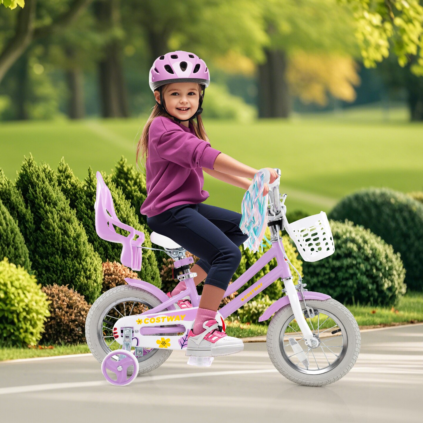 Kids Bike with Training Wheels Basket and Doll Seat Adjustable Height Rose Red