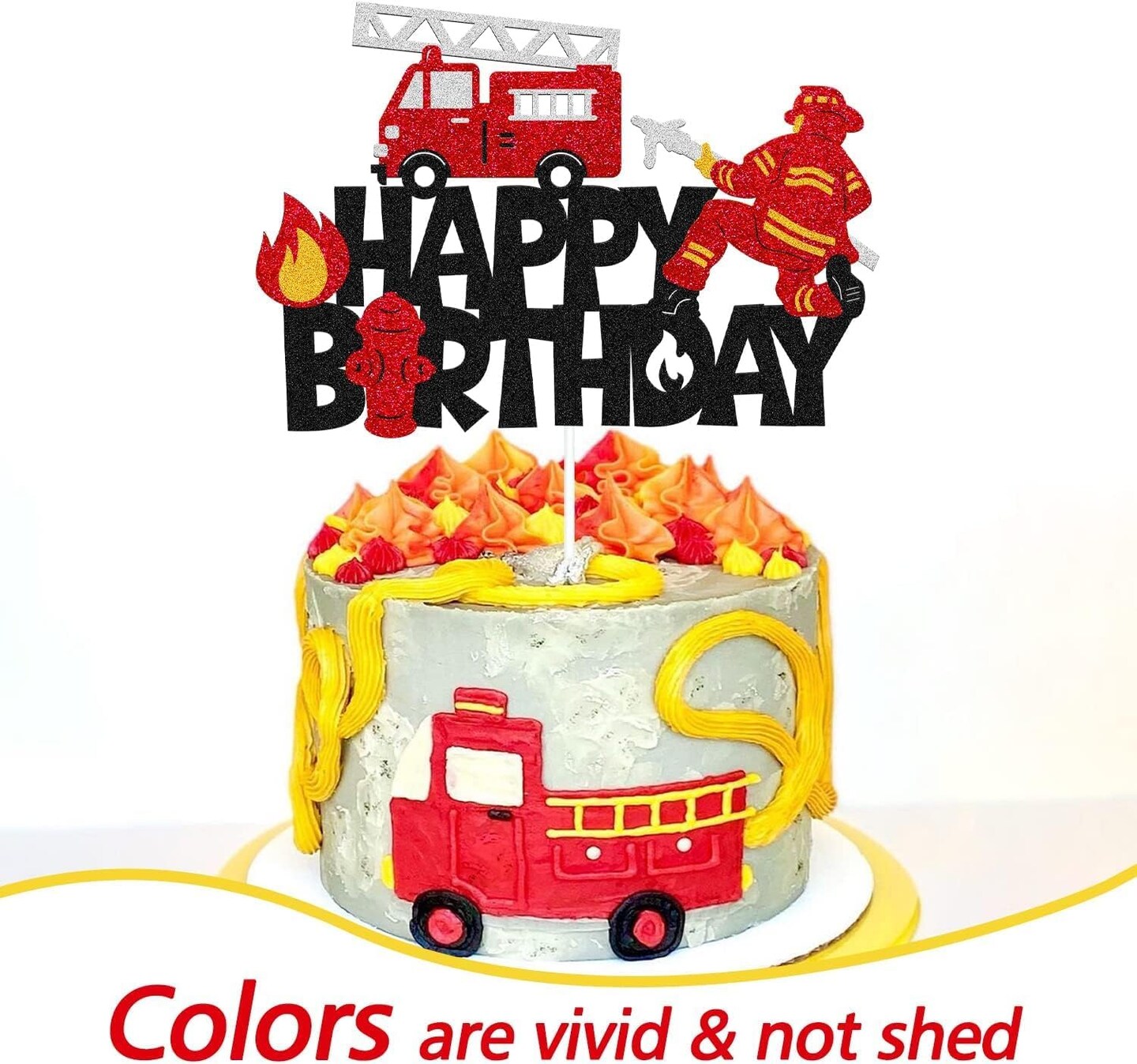 Premium Firefighter Birthday Cake Topper - Vibrant Fireman-Themed Glitter Cardstock Party Decoration, Perfect Centerpiece