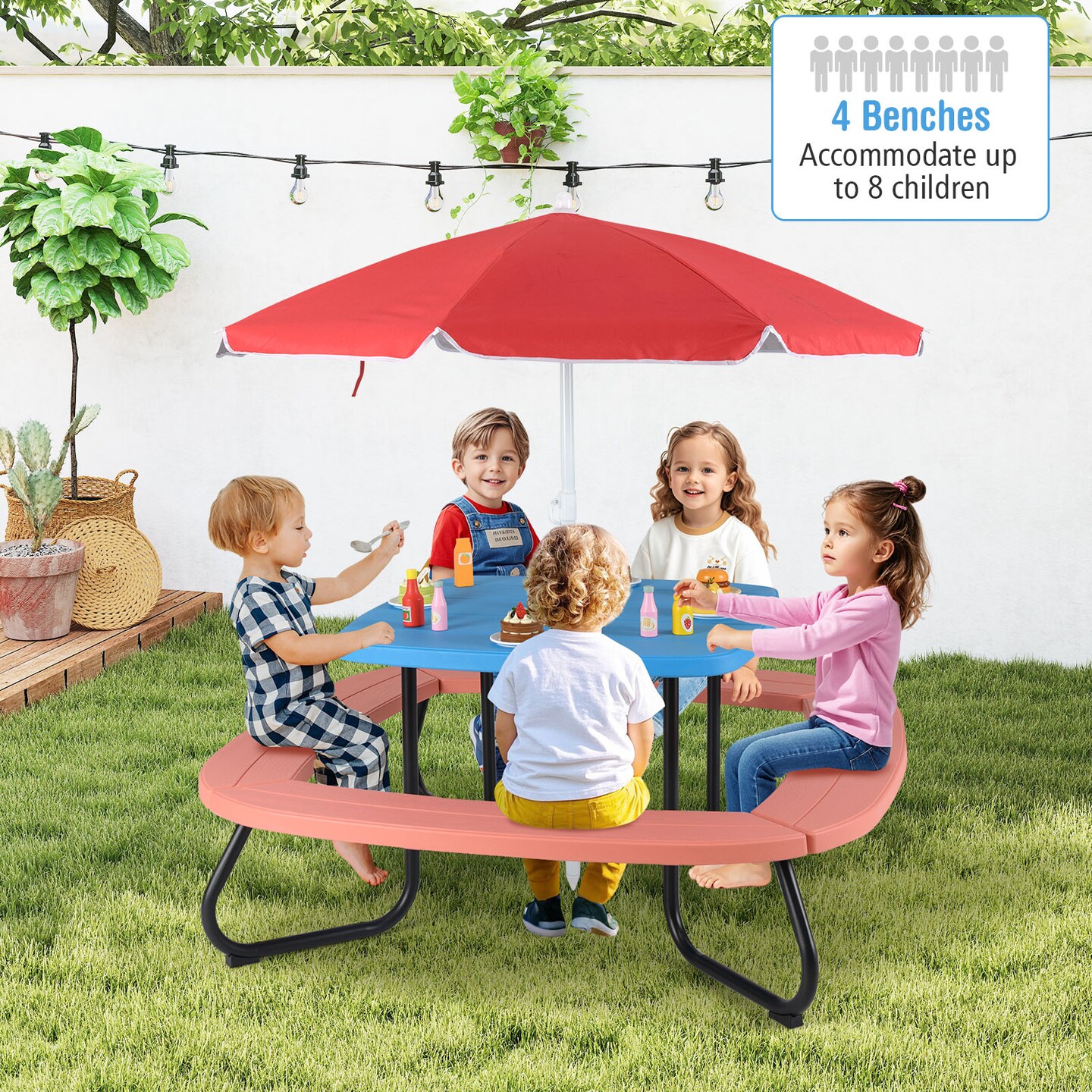 Kids Outdoor Play Table with Collapsible Umbrella and Heavy-Duty Metal Frame