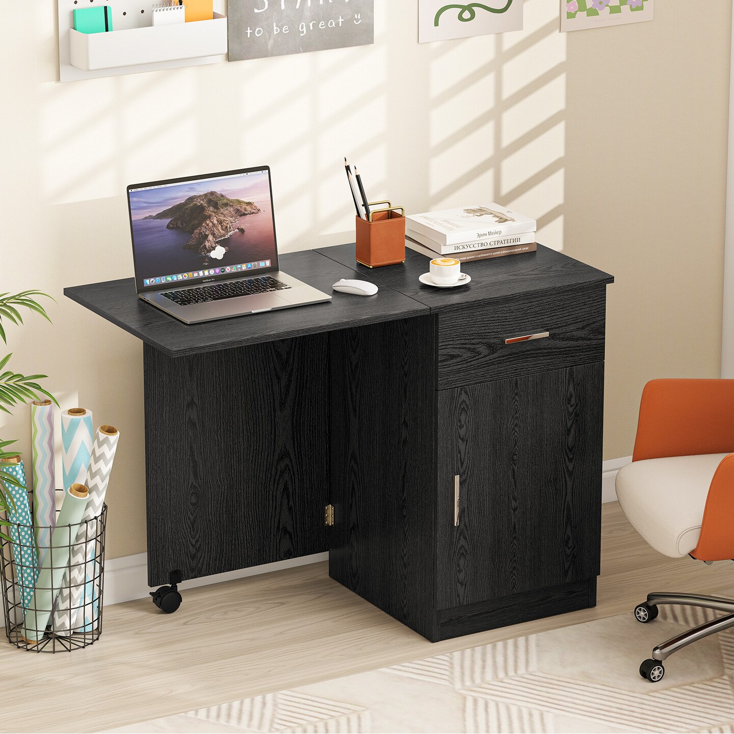 Compact Folding Desk with Cabinet and Drawer for Small Spaces and Office Use