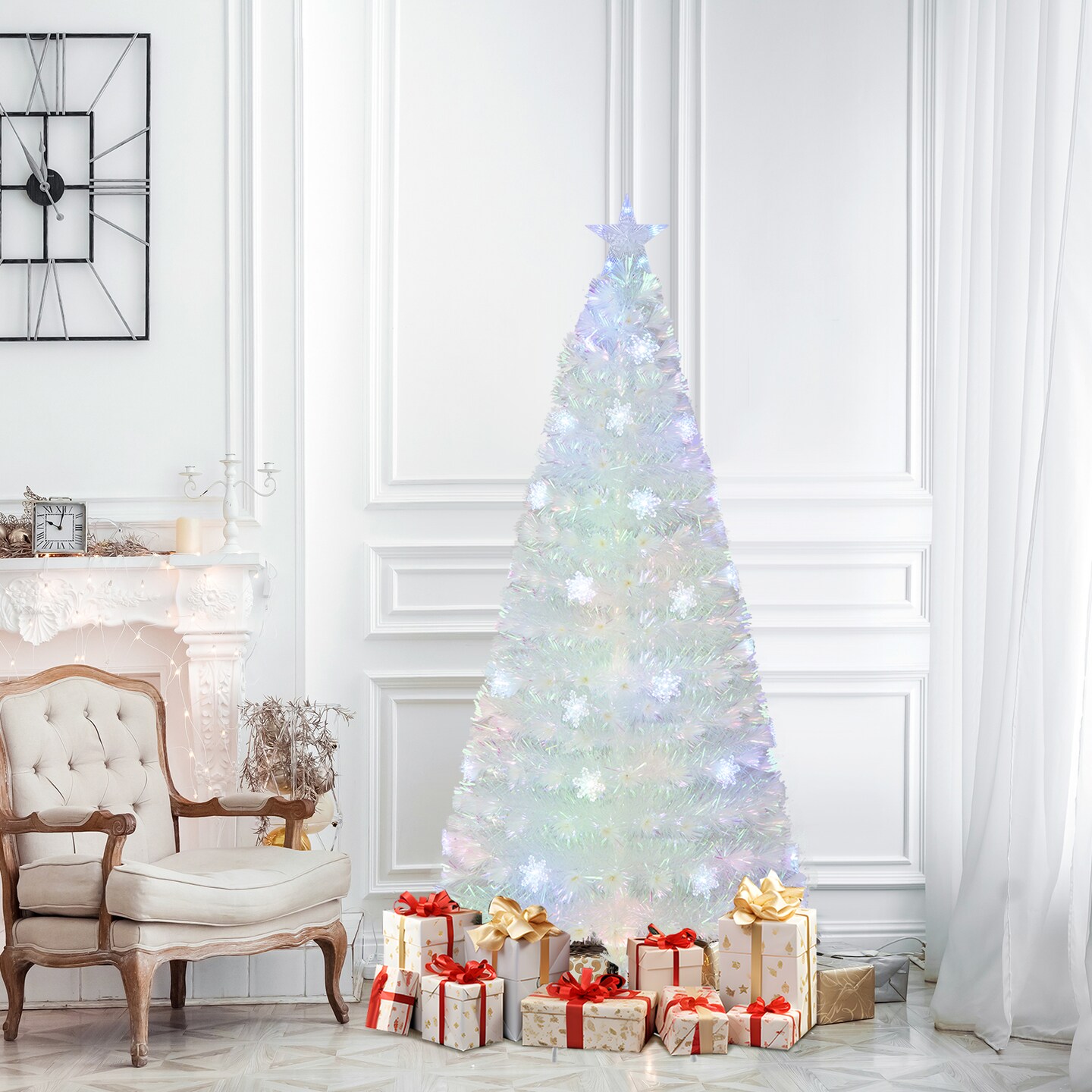 White Fiber Optic Christmas Tree with Multi-Color LED Lights and Foldable Metal Stand