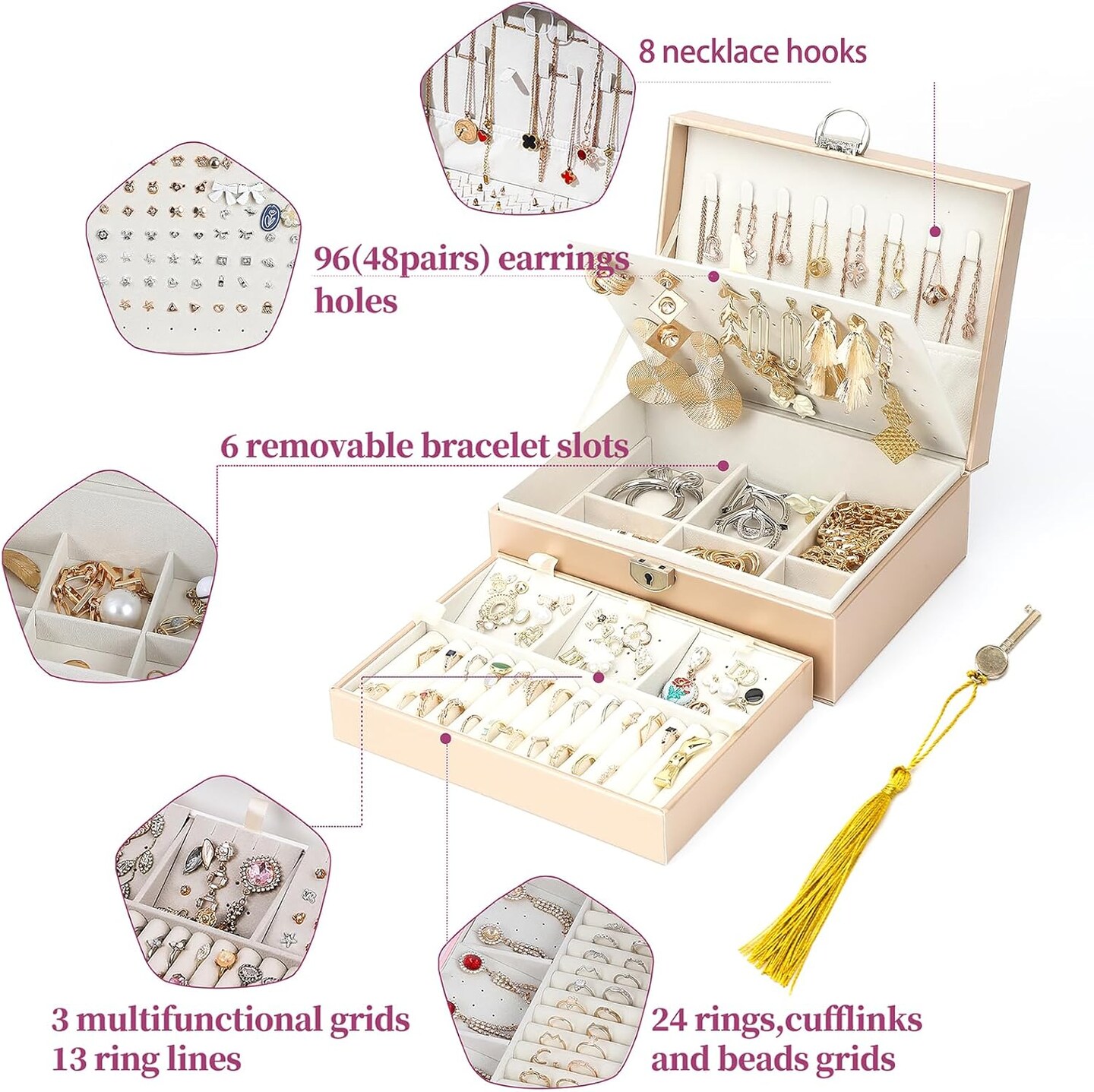 Earring Jewelry Box For Women Girl Stud Organizer, 4 Layers Girl Jewelry Organizer Box With Lock Earring Holder Organizer Necklace Ring Jewelry Organizer Box For Girls (Champagne, 4 layer)