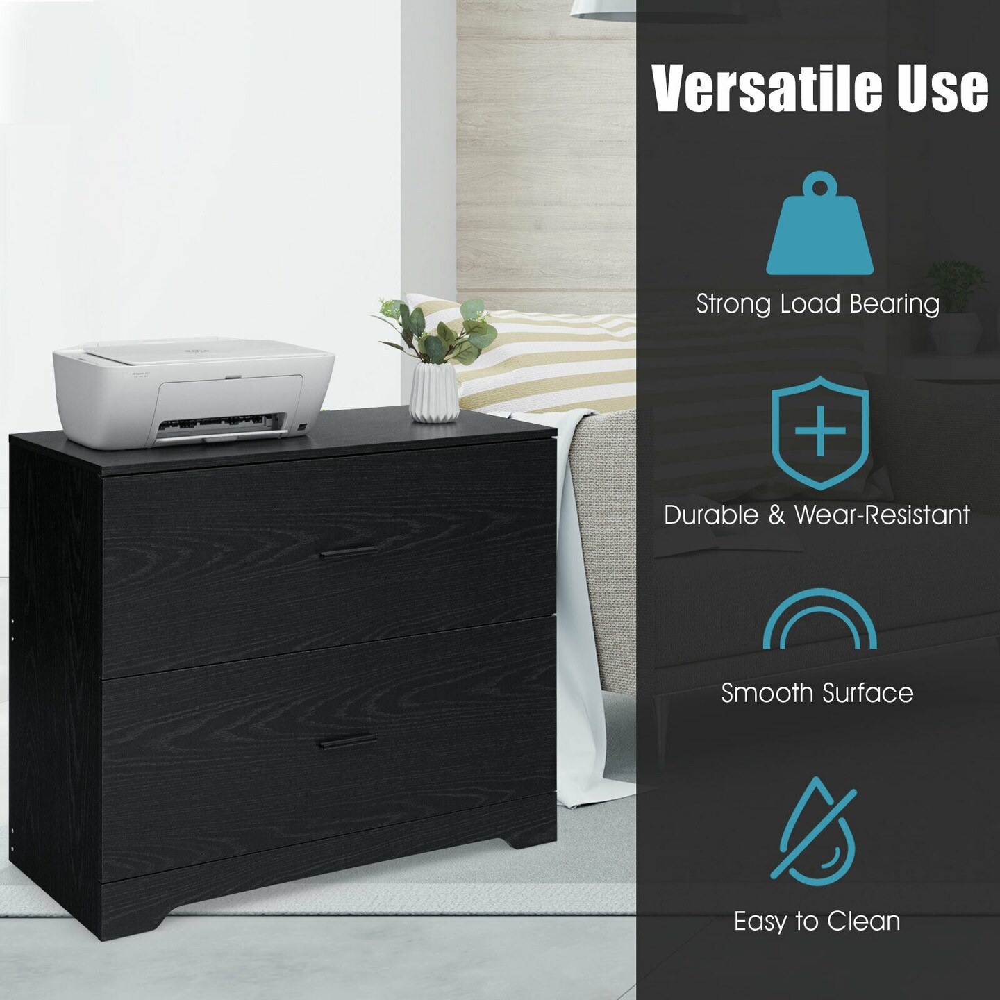 Space Saving Engineered Wood File Cabinet with 2 Drawers Large Storage Capacity for Office or Home Use