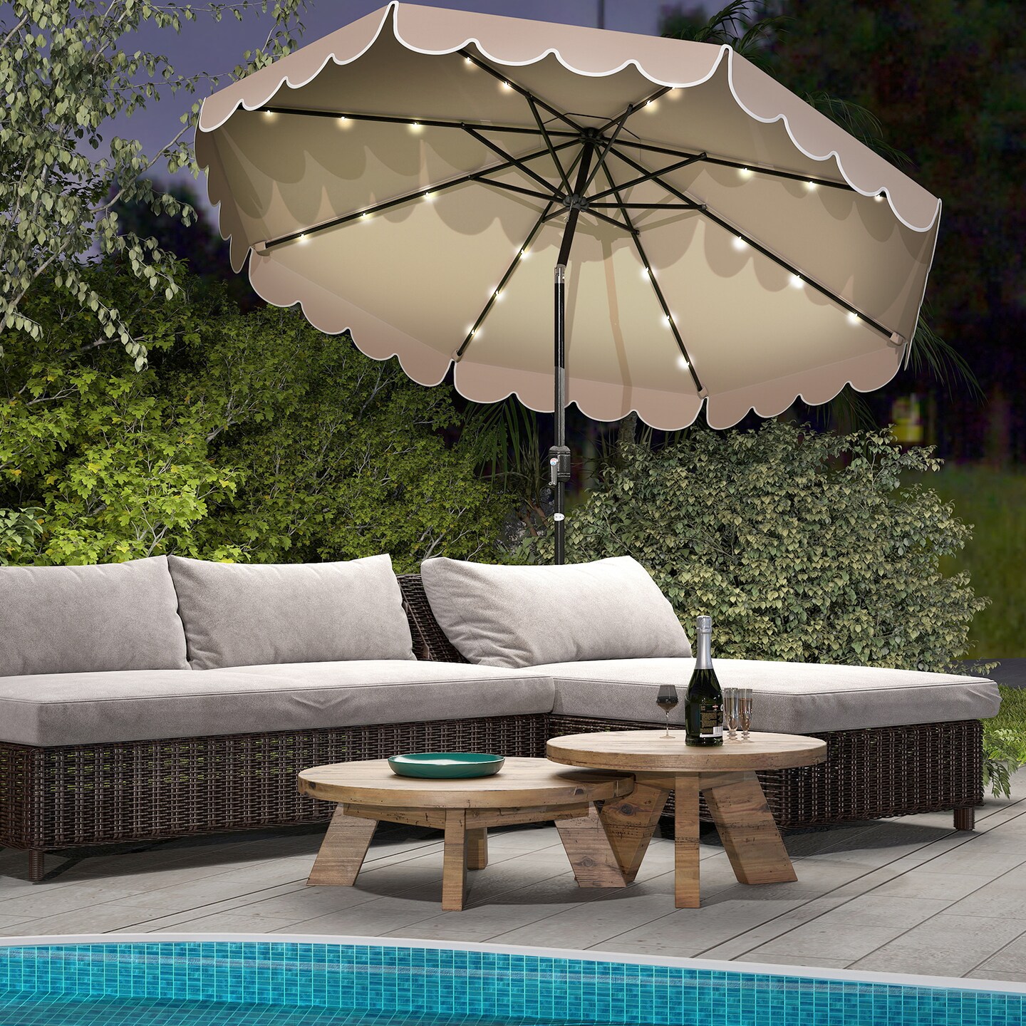 Polyester Auto-Tilt Solar Patio Umbrella with LED Lights and 10x8.3 ft Shade