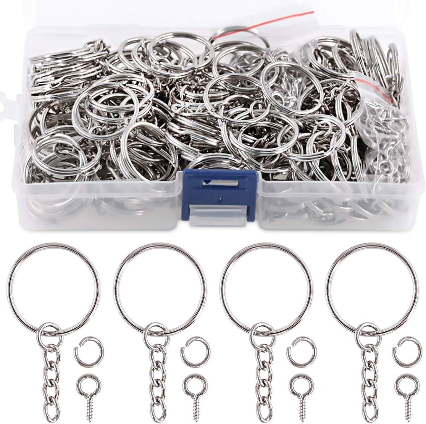450Pcs 1&#x22; 25mm Sliver Key Chain Rings Kit, Including 150Pcs Keychain Rings with Chain and 150Pcs Jump Ring with 150Pcs Screw Eye Pins Bulk for Jewelry Findings Making (Sliver)