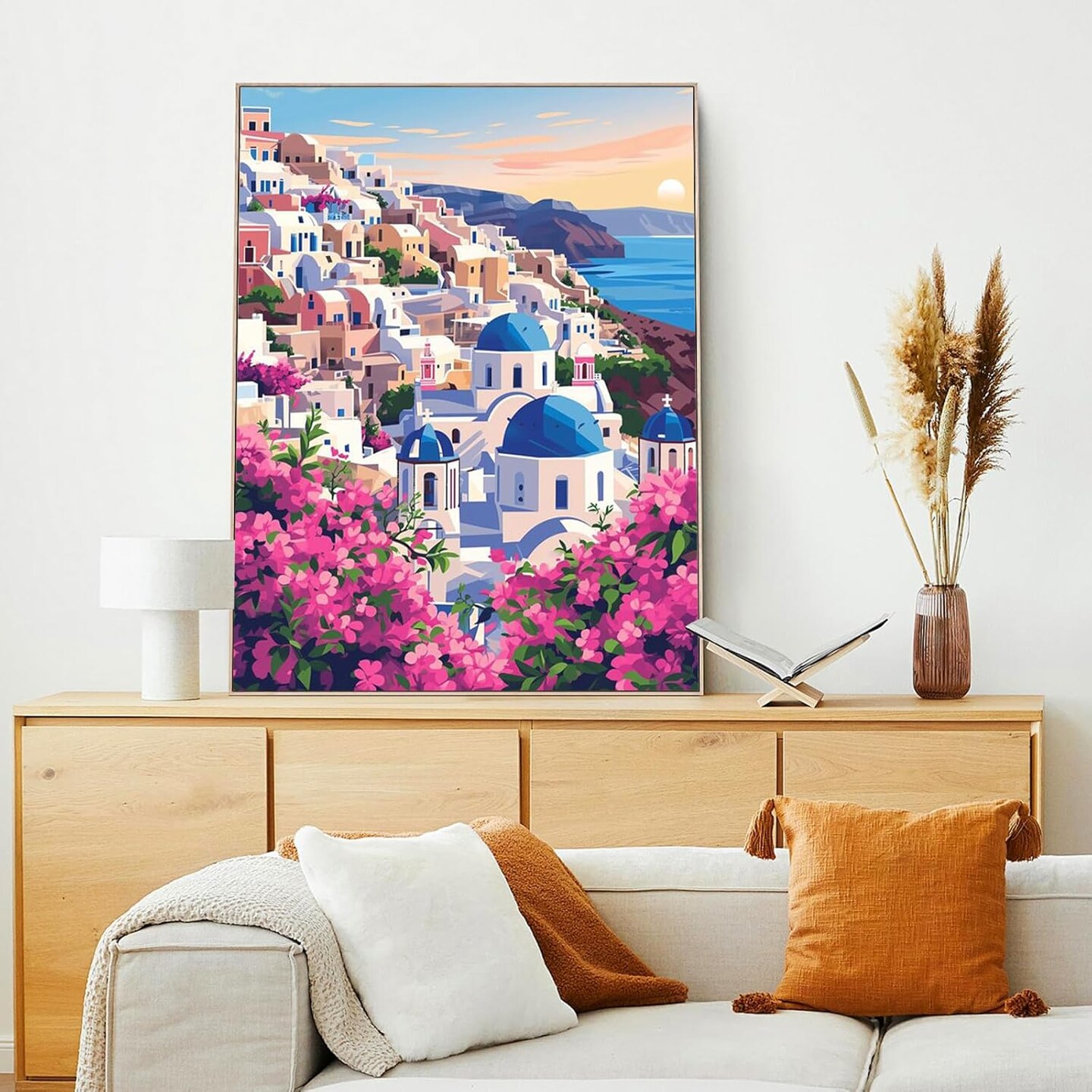 QENSPE Peinture Par Numéros Santorini Sur Toile Encadrée – Kit Paysage Grec Avec Chevalet, Pinceaux Et Peintures Acryliques (20x30 Cm)