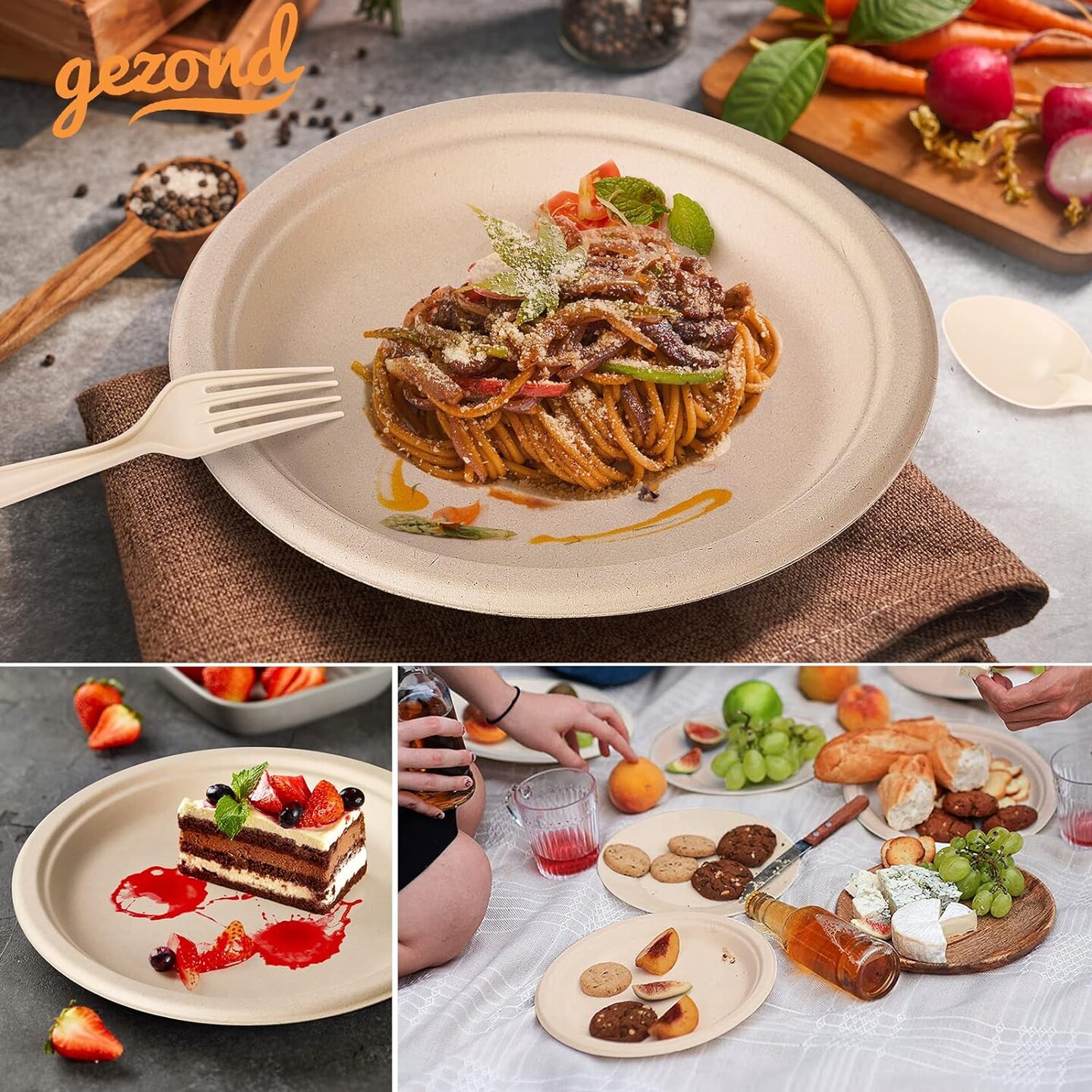 250Pcs Disposable Paper Plates Set, Compostable Plate Sugarcane Utensils Eco Friendly Dinnerware Kit Includes 50 Biodegradable Plates, Forks, Knives and Spoons for Brithday Party Camping