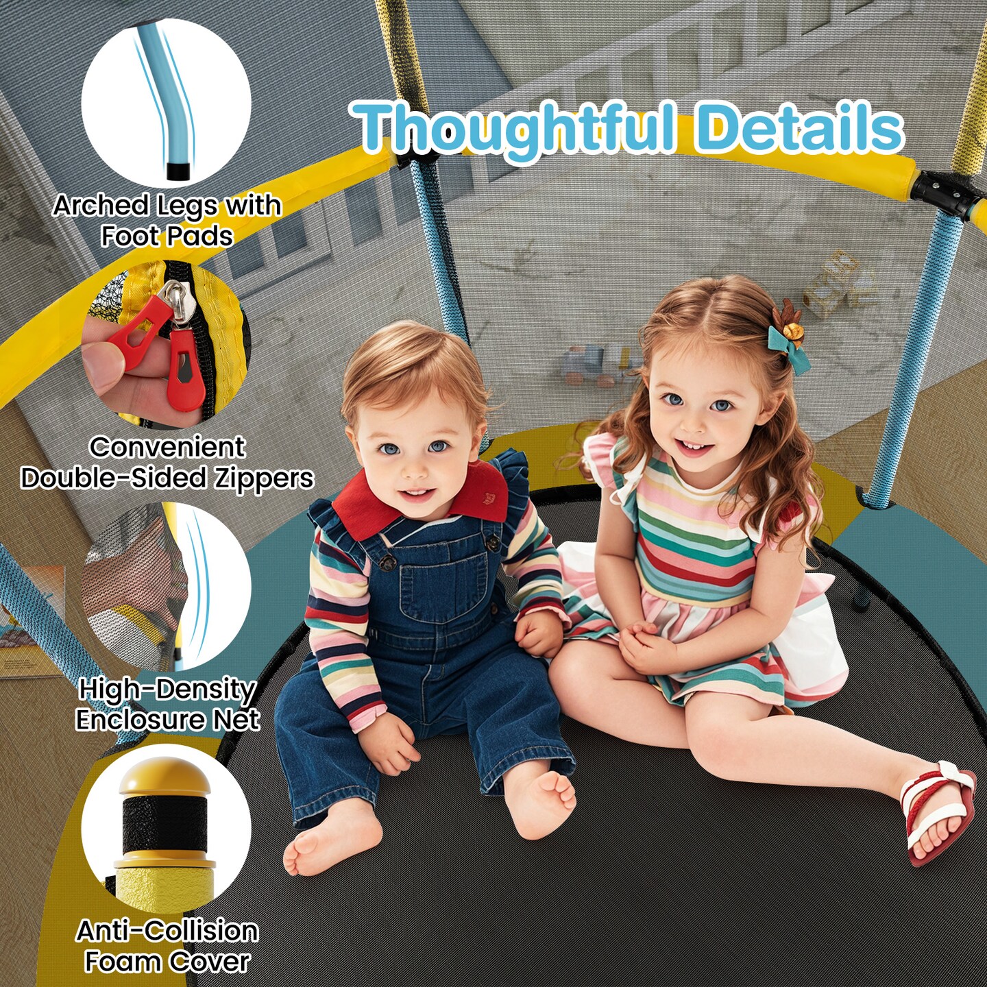 Kids Trampoline with Safety Net, Zipper Door and Heavy-Duty Frame