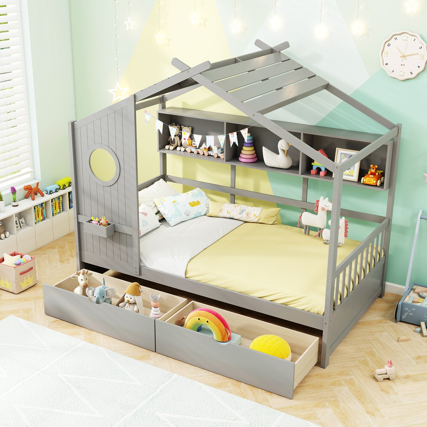 Twin Size Pine Wood House Bed with Storage Drawers, Guardrails and Shelves
