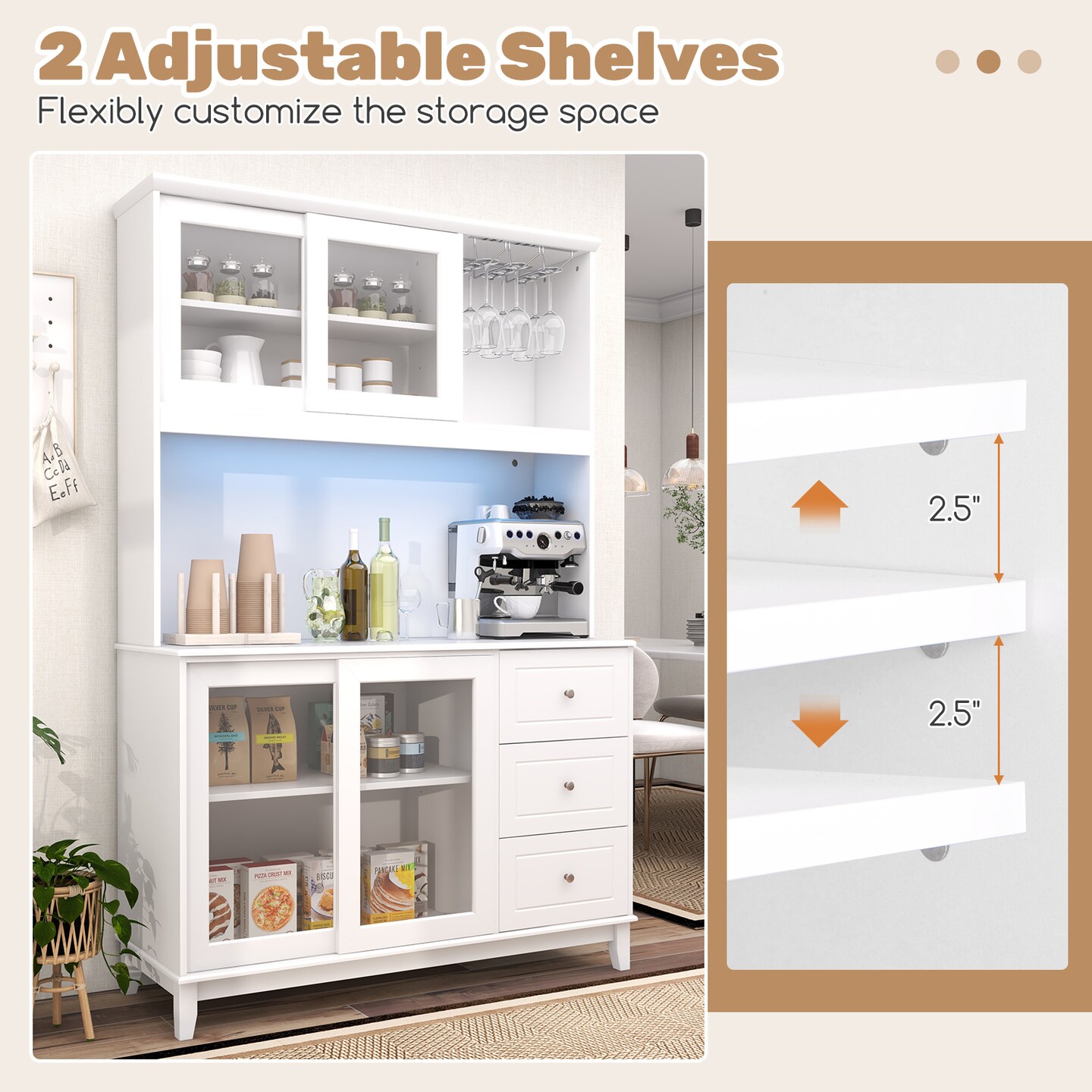 Kitchen Pantry Storage Cabinet with 2 Compartments with Doors and LED Lights and Power Outlet