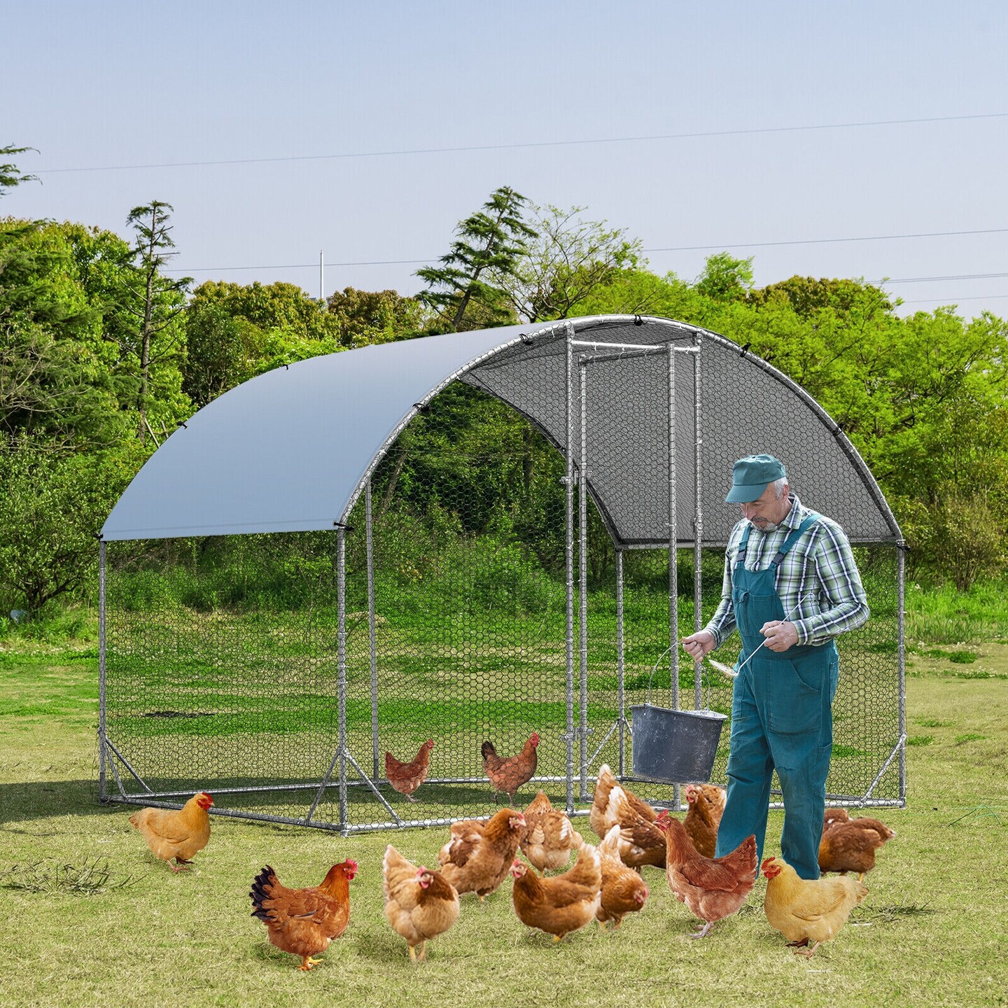 Galvanized Metal Chicken Coop with Waterproof Cover, Lockable Door and Spacious Design