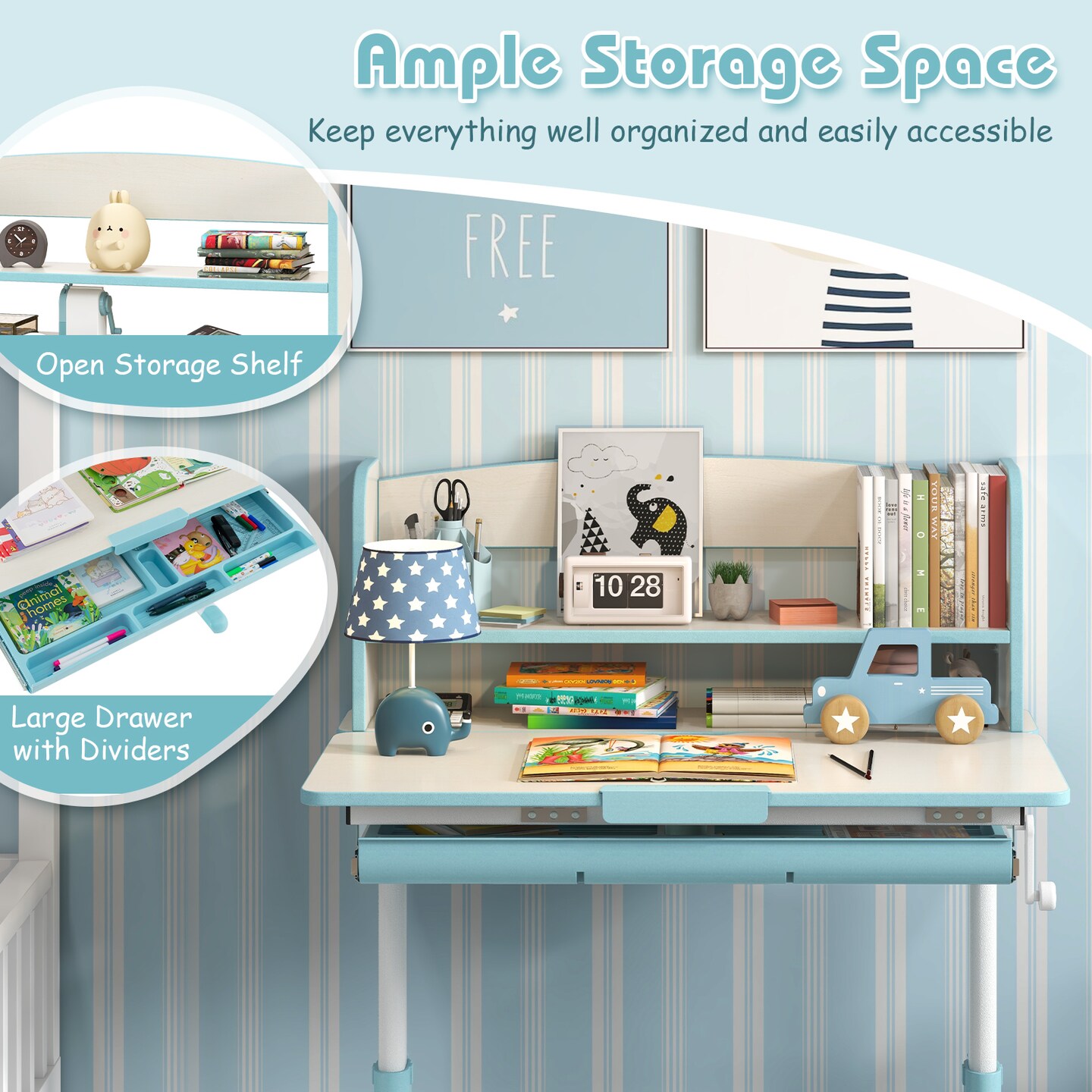 Adjustable Kids Study Desk, Tiltable and Height-Adjustable with Storage