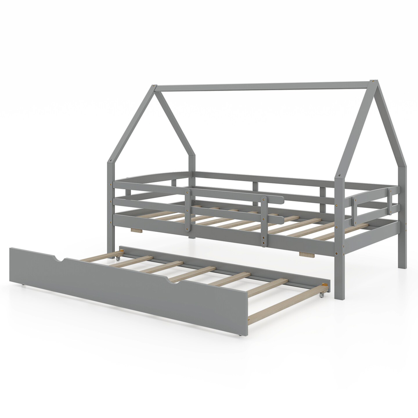 Twin House Bed with Trundle and Fence Rail for Kids Room
