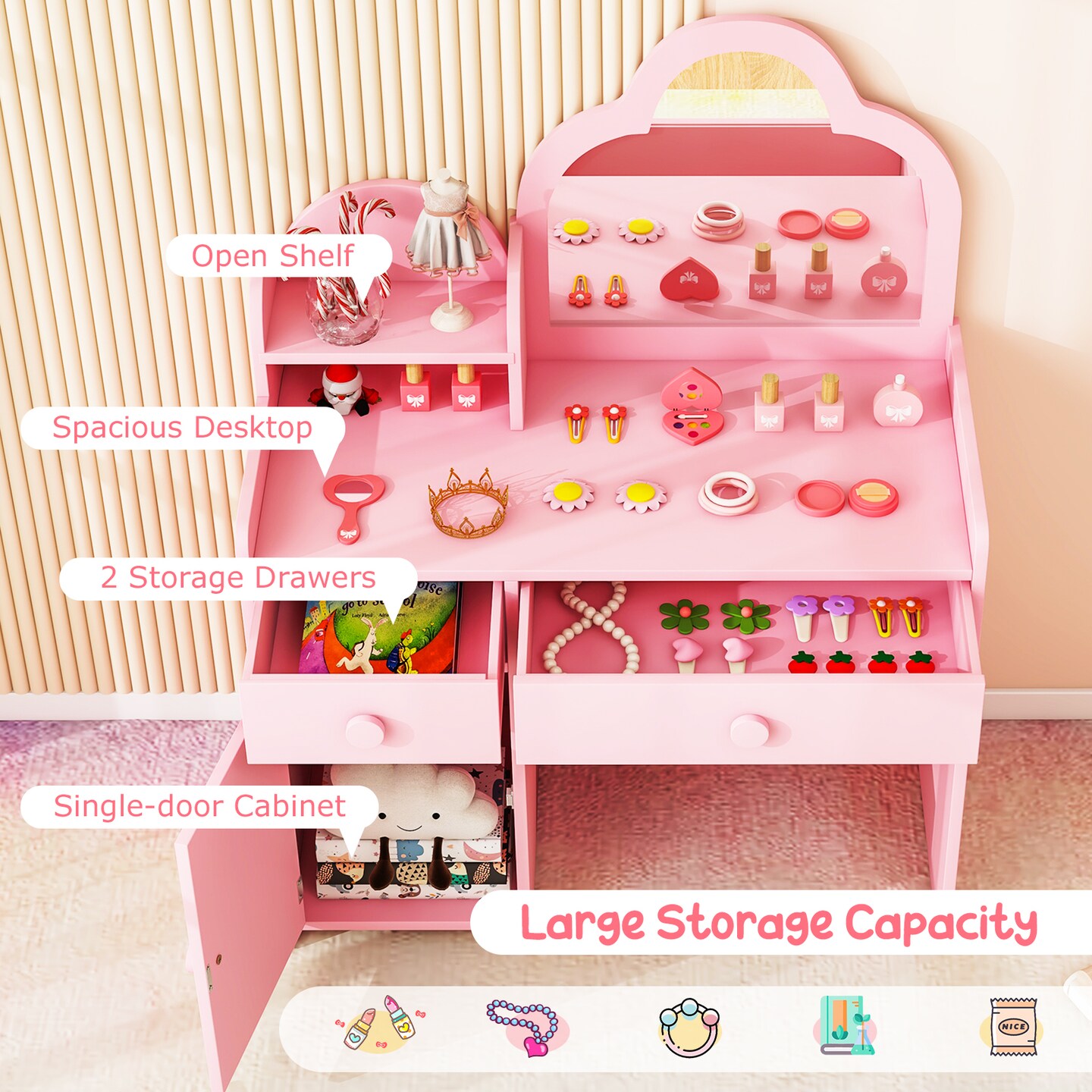 Kids Vanity Set, Cloud Shape Mirror, Storage and Pine Wood Stool