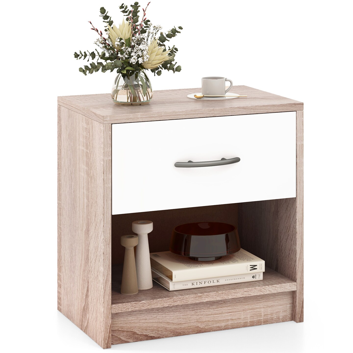 Nightstand with Drawer, Open Shelf, Modern Design and Sturdy Structure