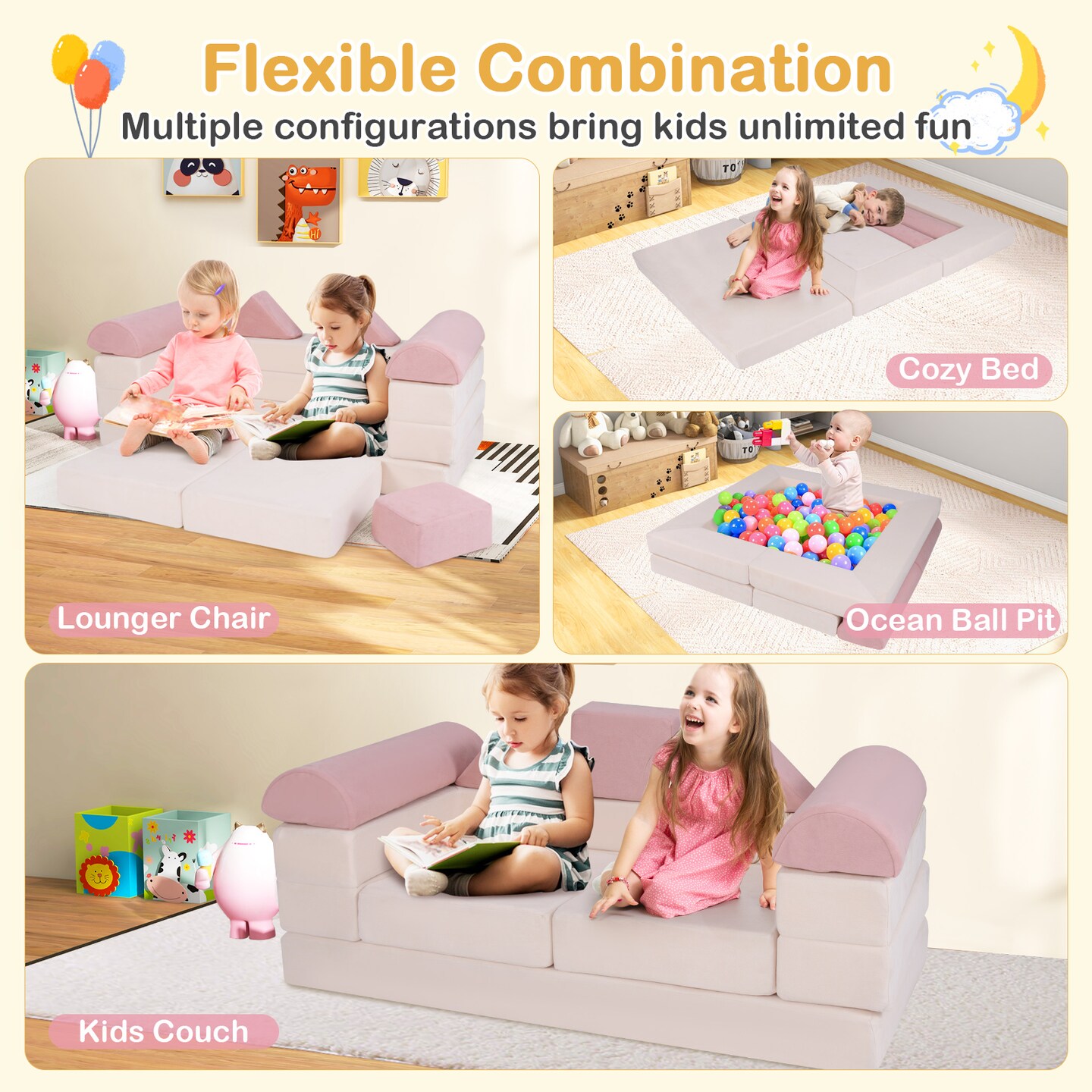Suede Fabric Convertible Kids Play Couch Set with Foam Blocks and Cushions
