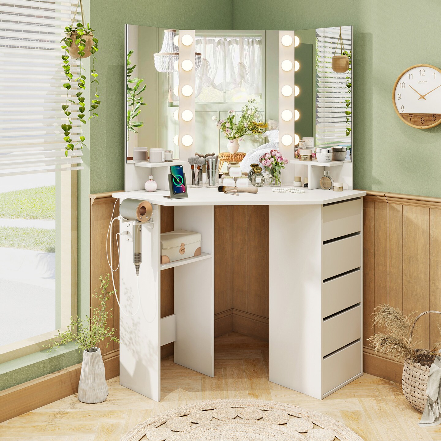 Corner Vanity Desk with 3-Panel Mirror, LED Lights, Charging Ports and Storage