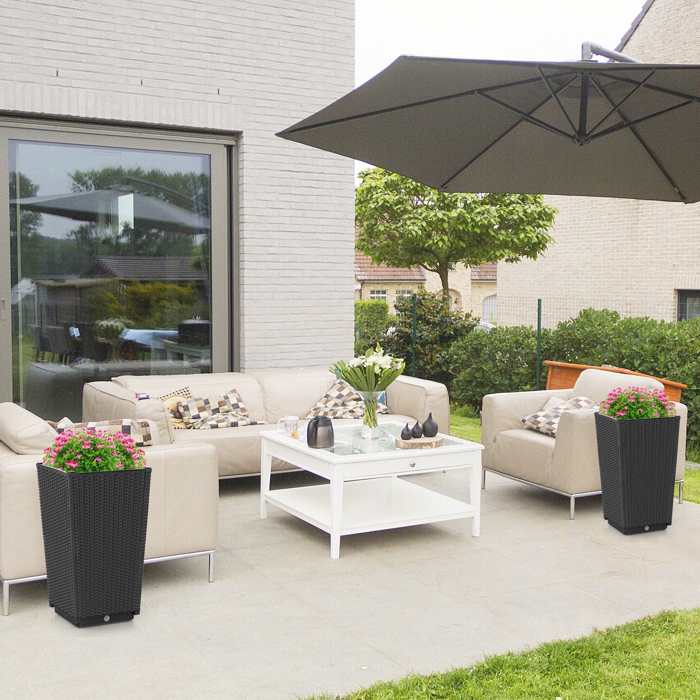 Wicker Planter Set of 2 with Self-Watering System and Weather-Resistant PP Material