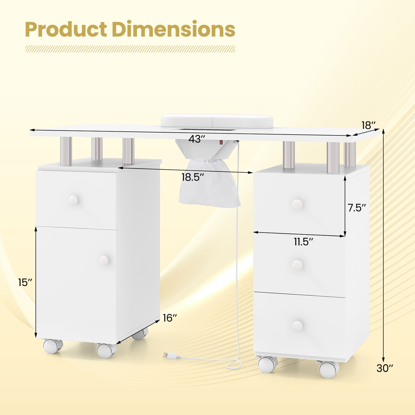 Manicure Table with Dust Collector, Storage and Wrist Rest Cushion